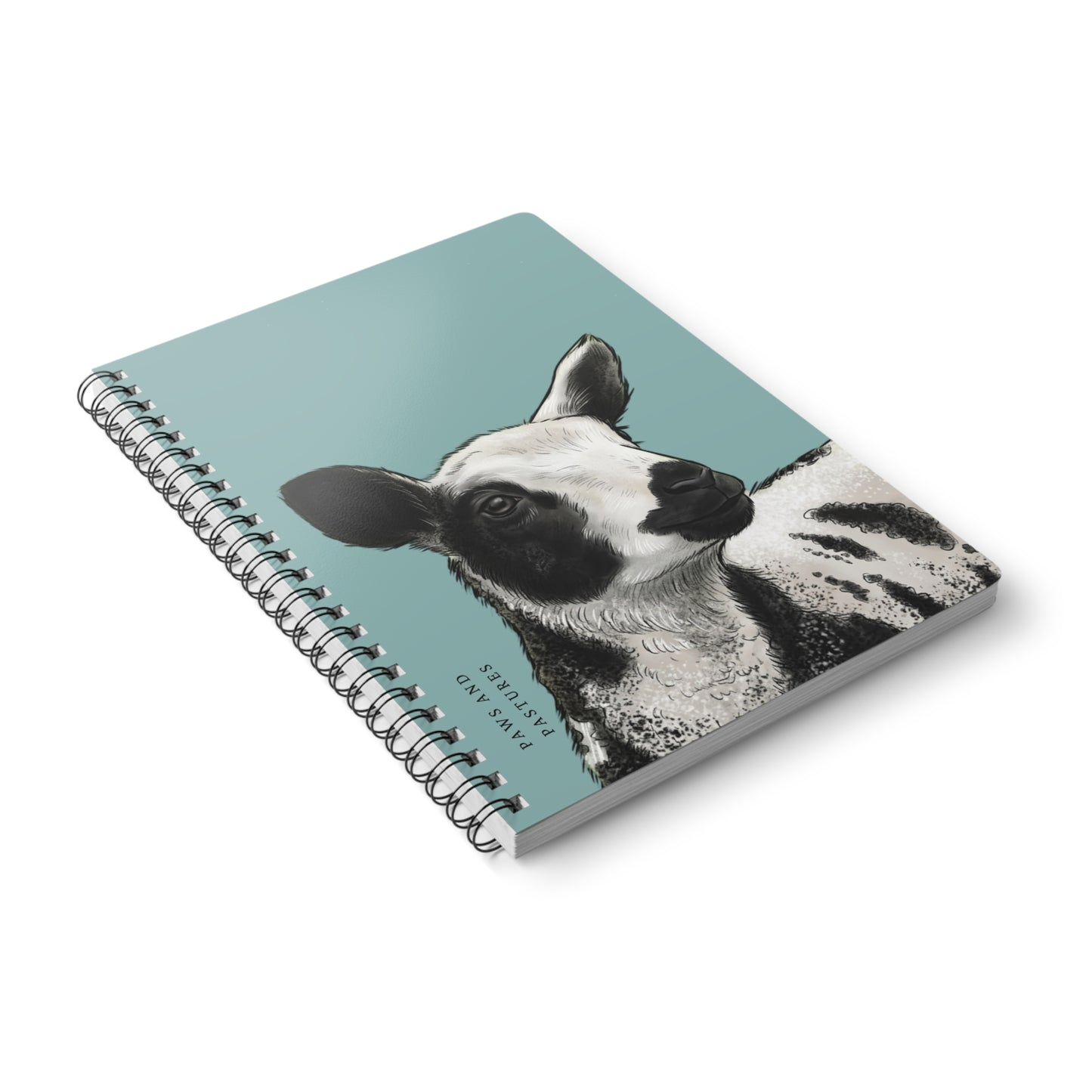 Teal Dutch Spotted Sheep A5 Spiral Notebook — Black & White Lamb Illustration (“Paws and Pastures”)