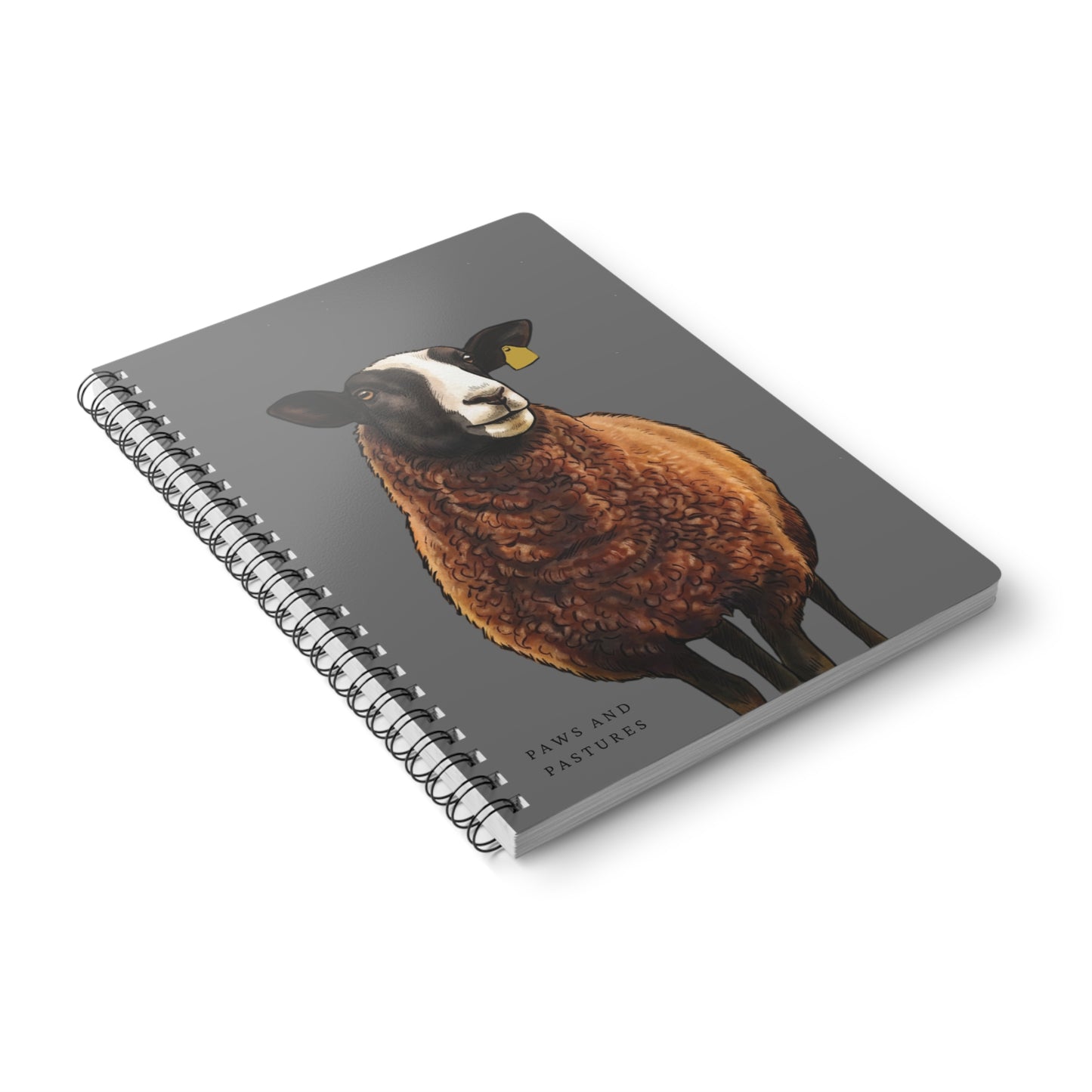 Grey Zwartble Sheep Illustration A5 Spiral Notebook – 'Paws and Pastures' Lined Journal