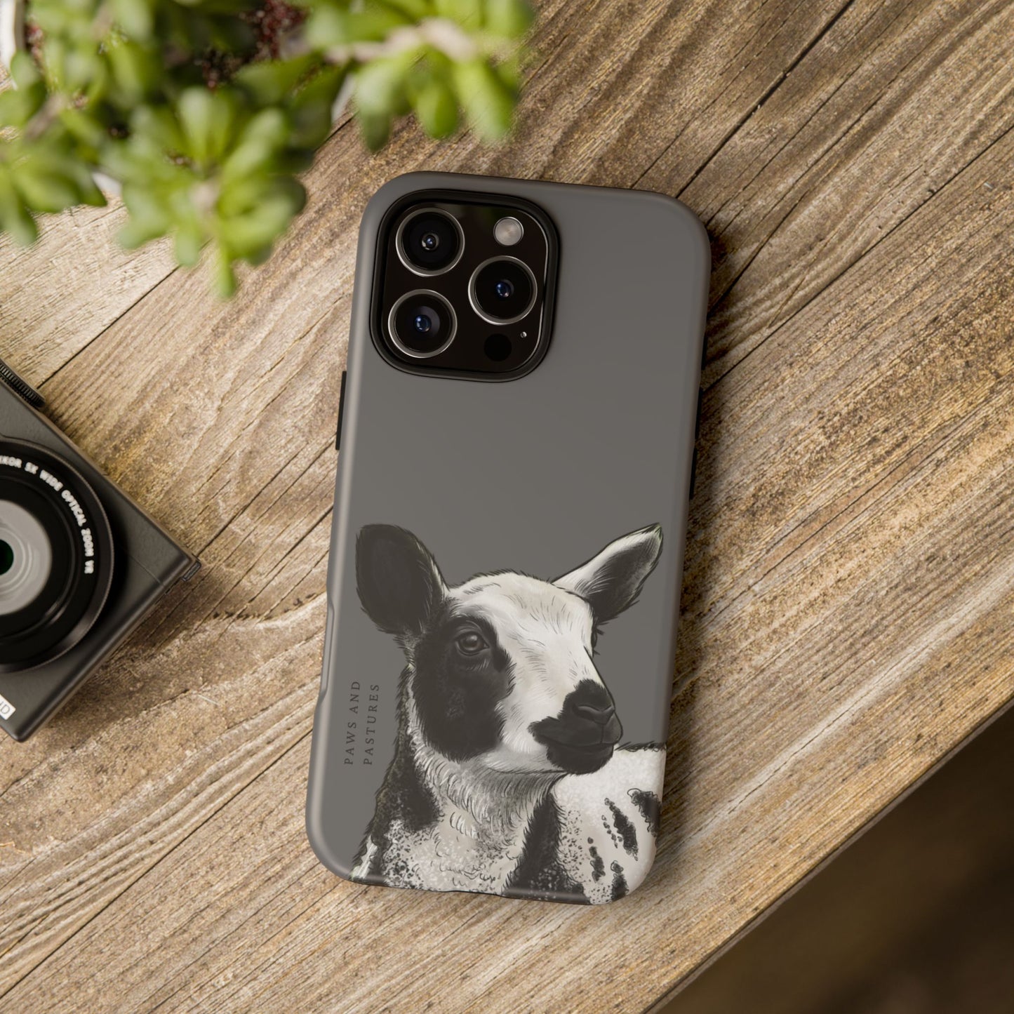Grey Dutch Spotted Sheep Portrait Phone Case - Black & White Lamb Illustration Protective Cover