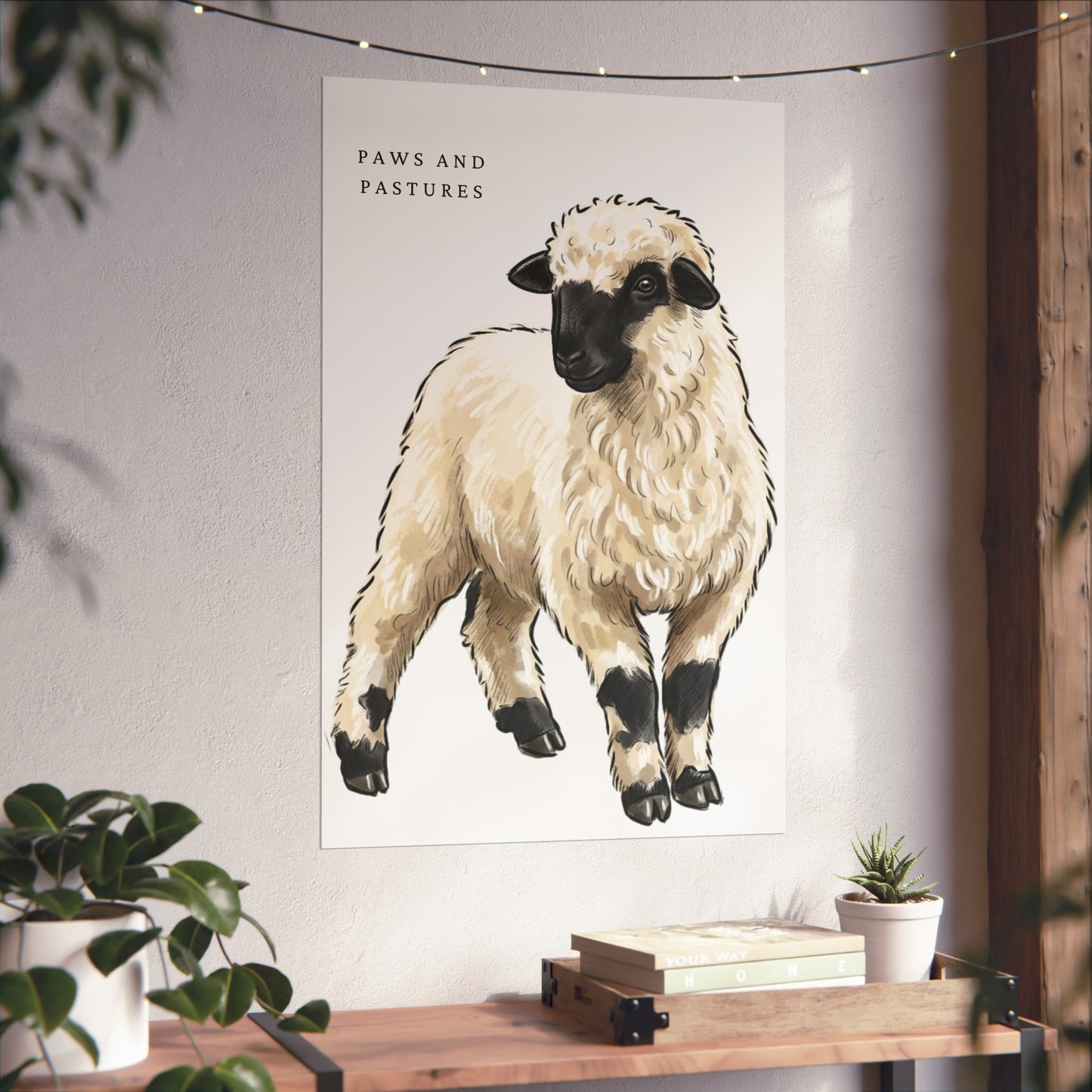 Valais Blacknose Sheep Portrait Fine Art Poster — 'Paws and Pastures' Rustic Farmhouse Wall Art
