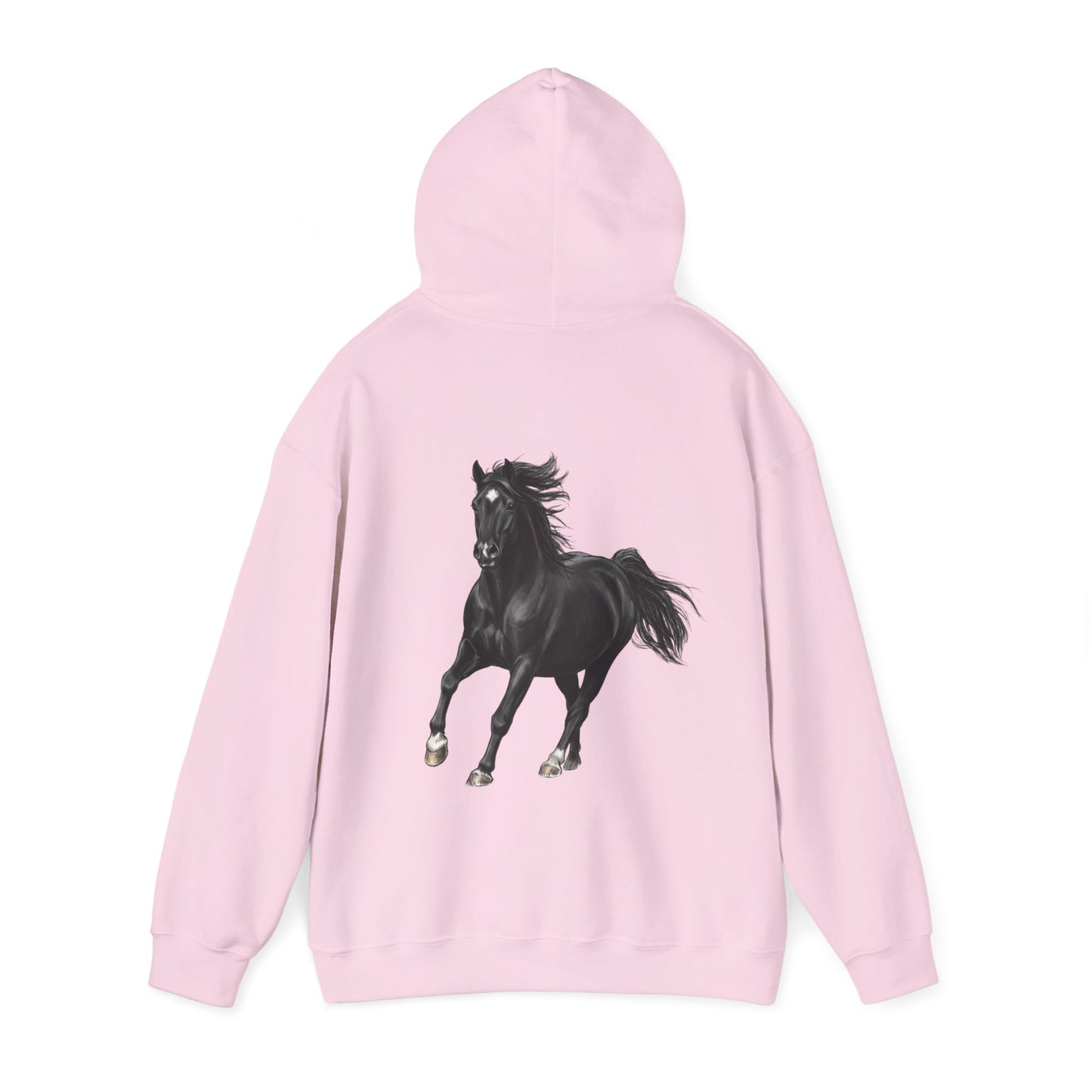 Horse Graphic Hoodie — Black Stallion Back Print, Minimal Front Text