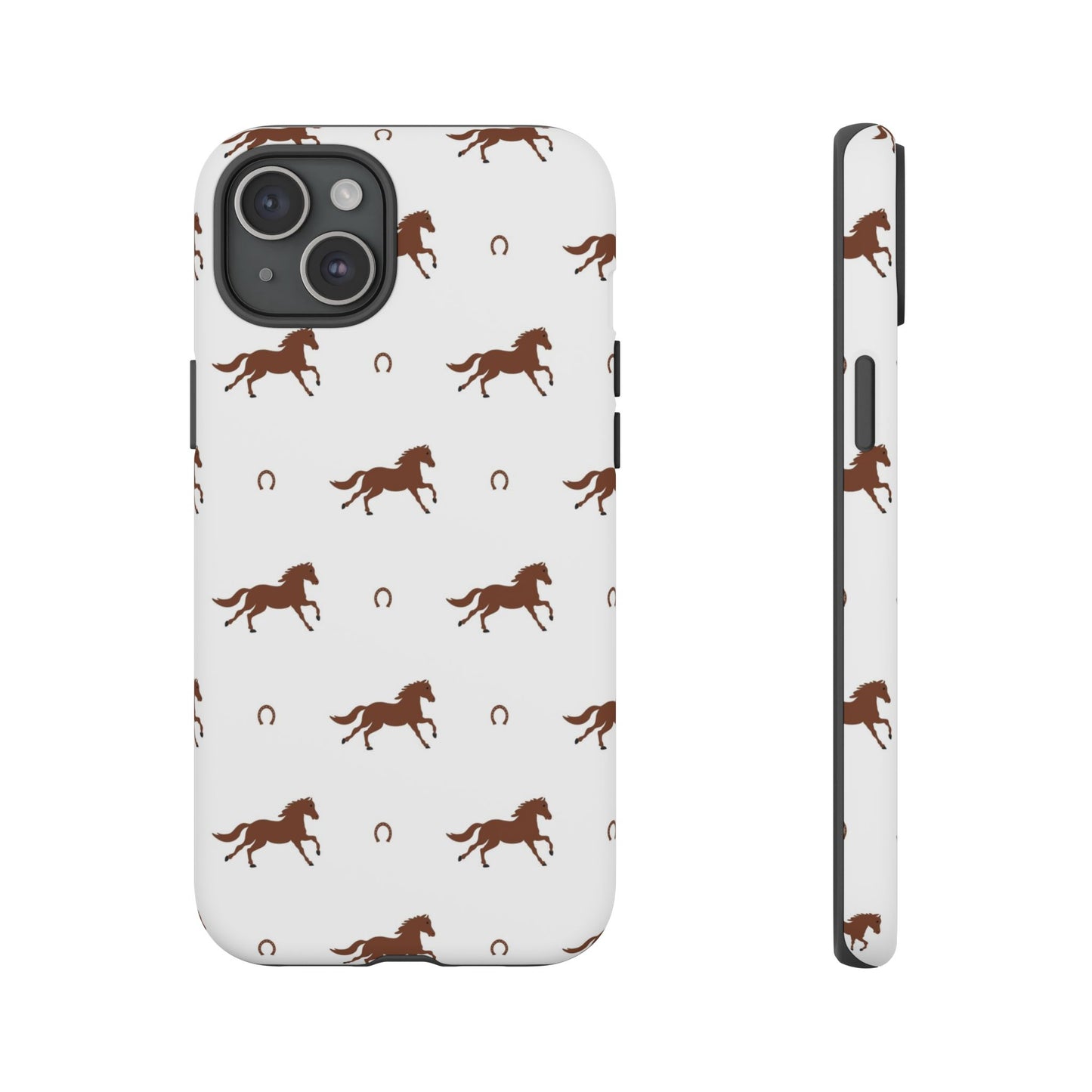Horse Pattern Tough Phone Case — Brown Galloping Horses & Horseshoes on White