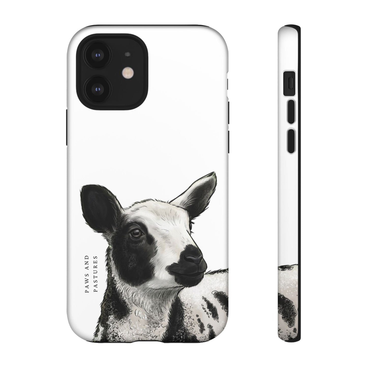 Dutch Spotted Sheep Portrait Phone Case - Black & White Lamb Illustration Protective Cover