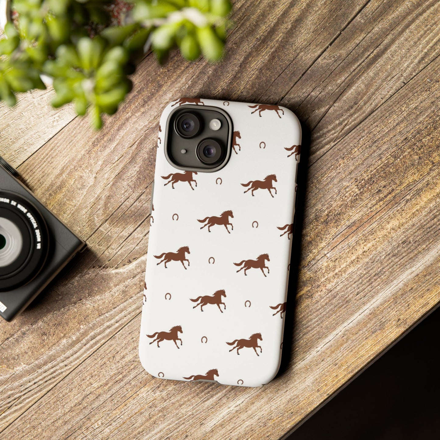 Horse Pattern Tough Phone Case — Brown Galloping Horses & Horseshoes on White