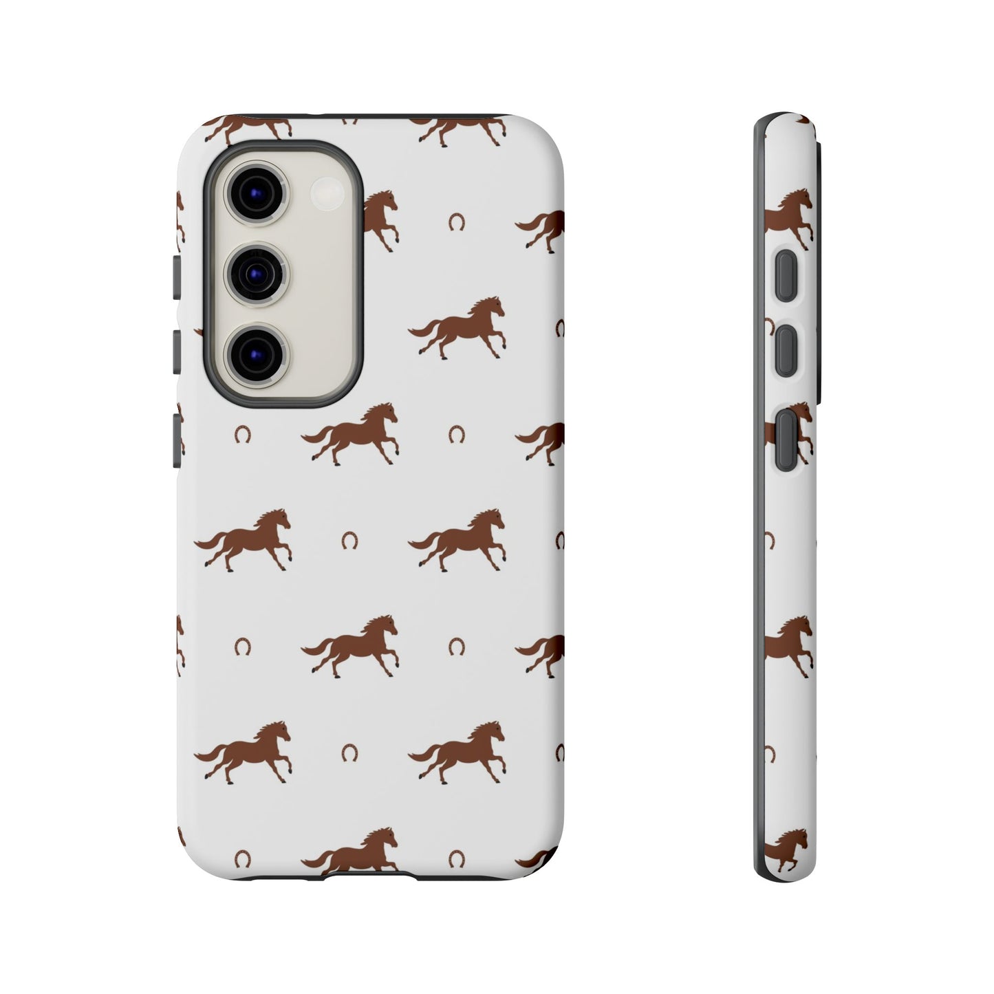 Horse Pattern Tough Phone Case — Brown Galloping Horses & Horseshoes on White