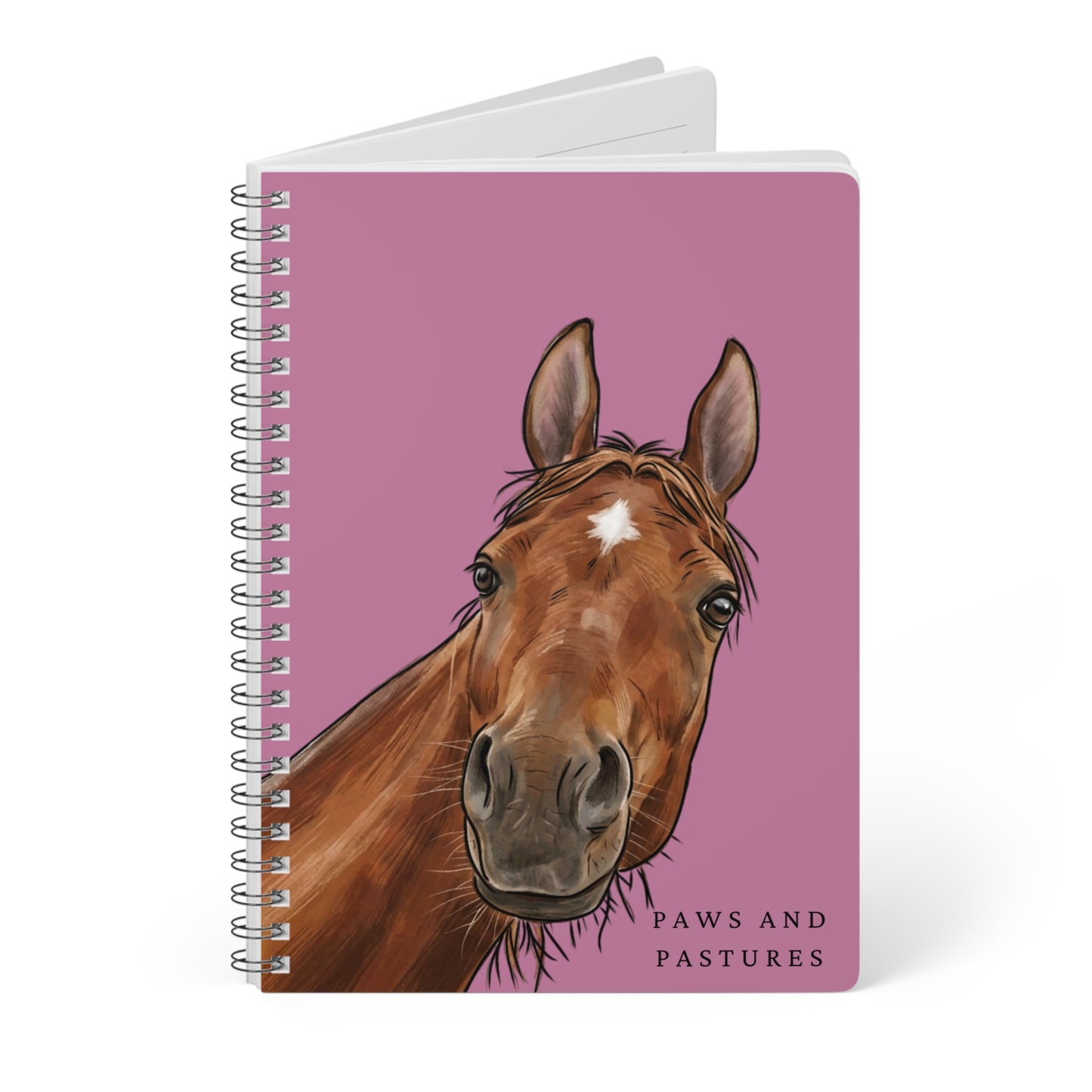 Pink Horse Portrait Spiral Notebook — "Paws and Pastures" A5 Wirobound Journal