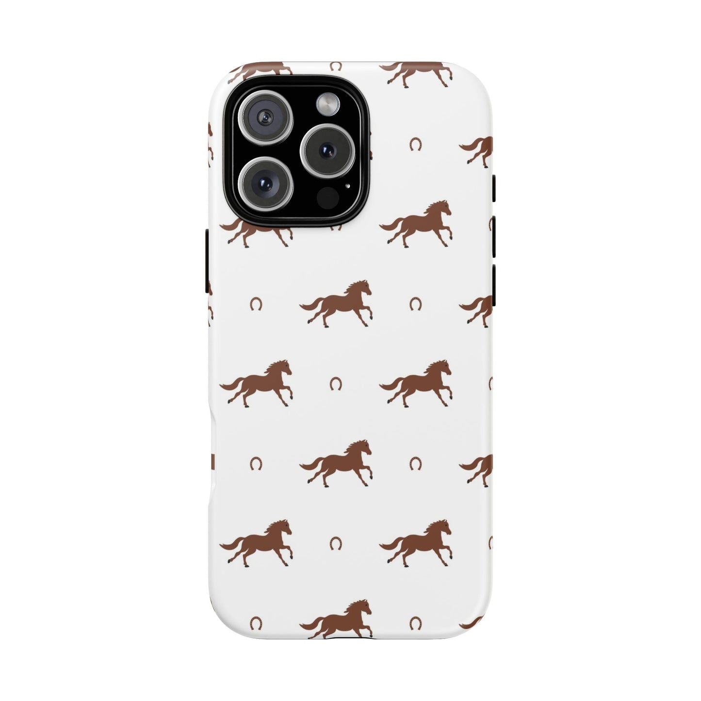 Horse Pattern Tough Phone Case — Brown Galloping Horses & Horseshoes on White