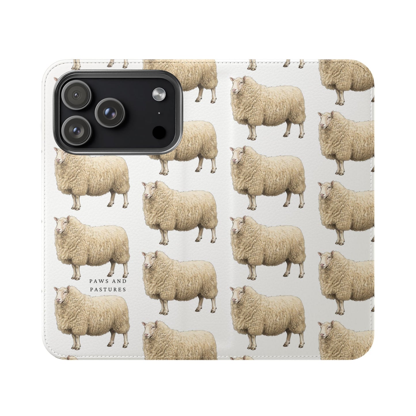 Cheviot Sheep Pattern Flip Phone Case – Cute Pastoral Wallet Cover with Card Slots
