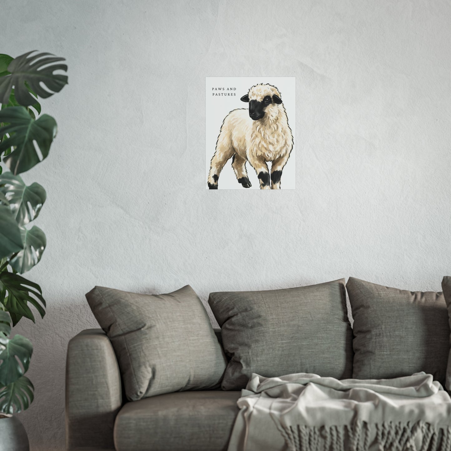 Valais Blacknose Sheep Portrait Fine Art Poster — 'Paws and Pastures' Rustic Farmhouse Wall Art