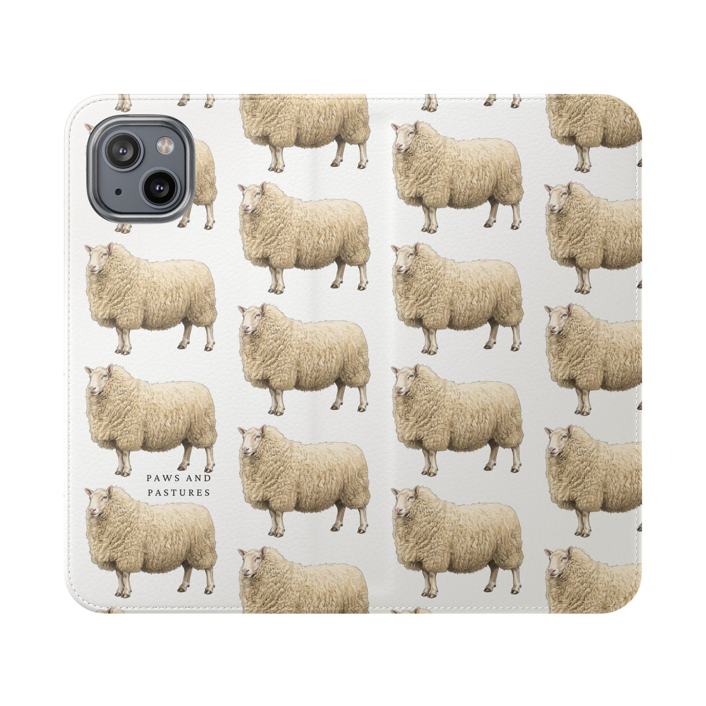 Cheviot Sheep Pattern Flip Phone Case – Cute Pastoral Wallet Cover with Card Slots