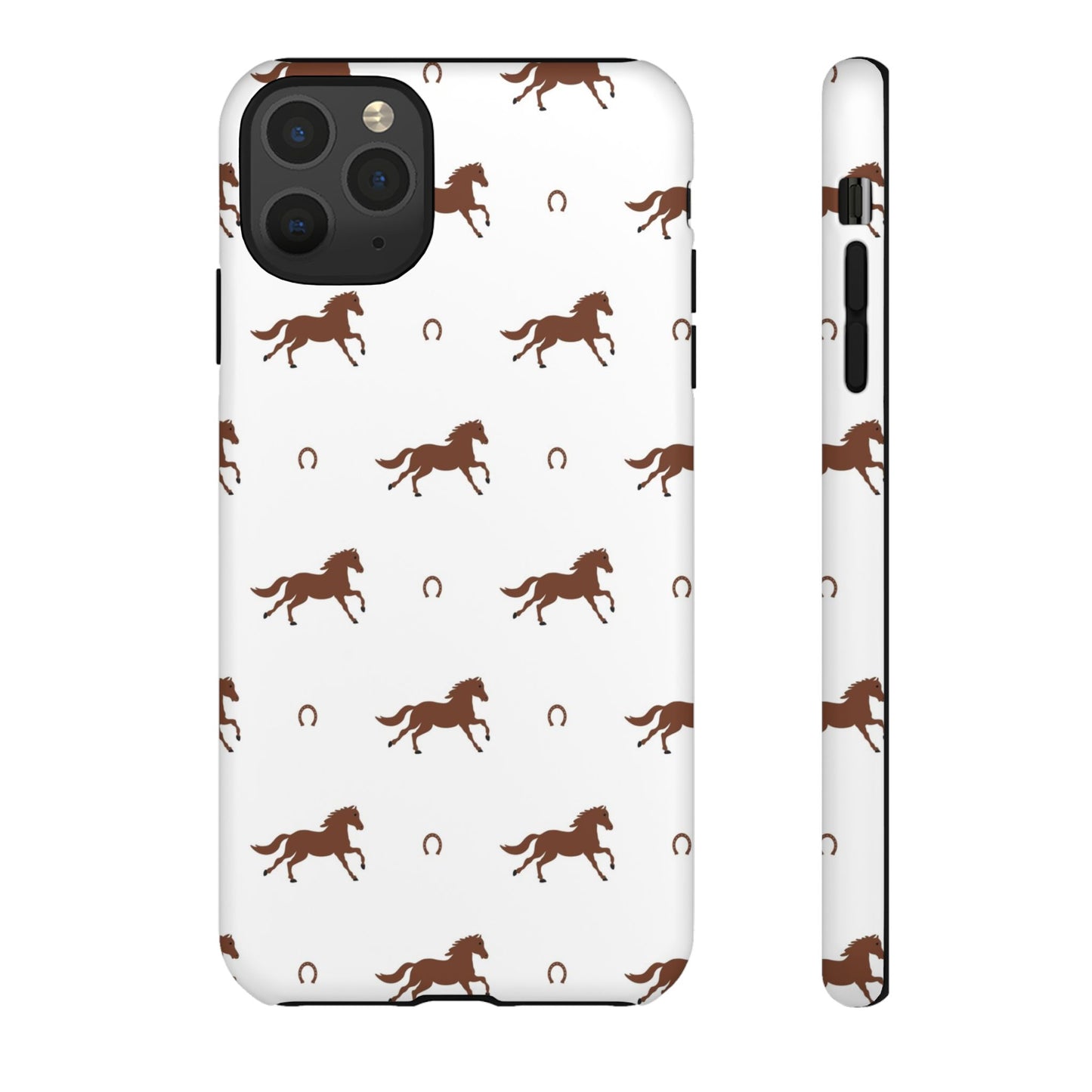 Horse Pattern Tough Phone Case — Brown Galloping Horses & Horseshoes on White