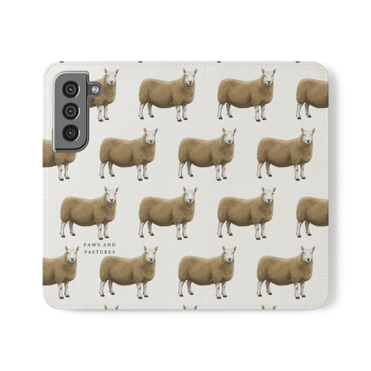 Cheviot Sheep Pattern Flip Phone Case – Cute Pastoral Wallet Cover with Card Slots