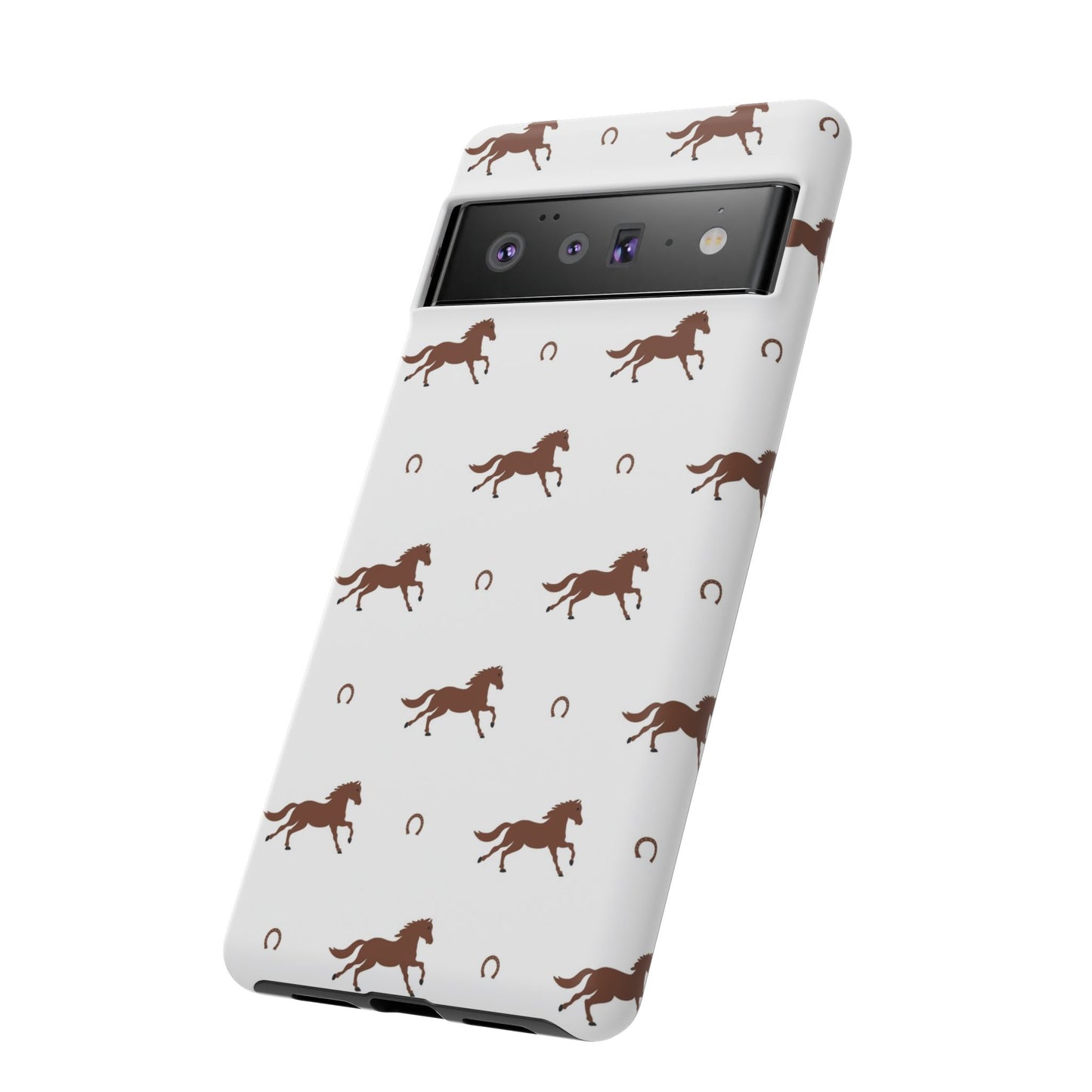 Horse Pattern Tough Phone Case — Brown Galloping Horses & Horseshoes on White