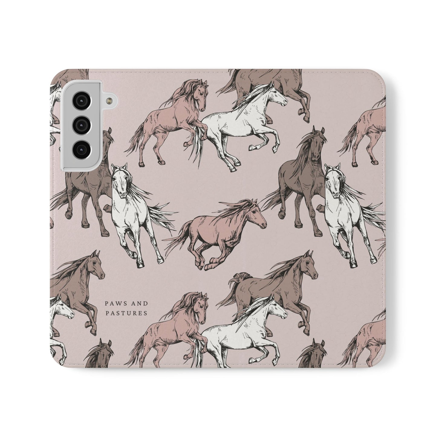 Horse Pattern Flip Phone Case — Pink Running Horses Wallet Cover