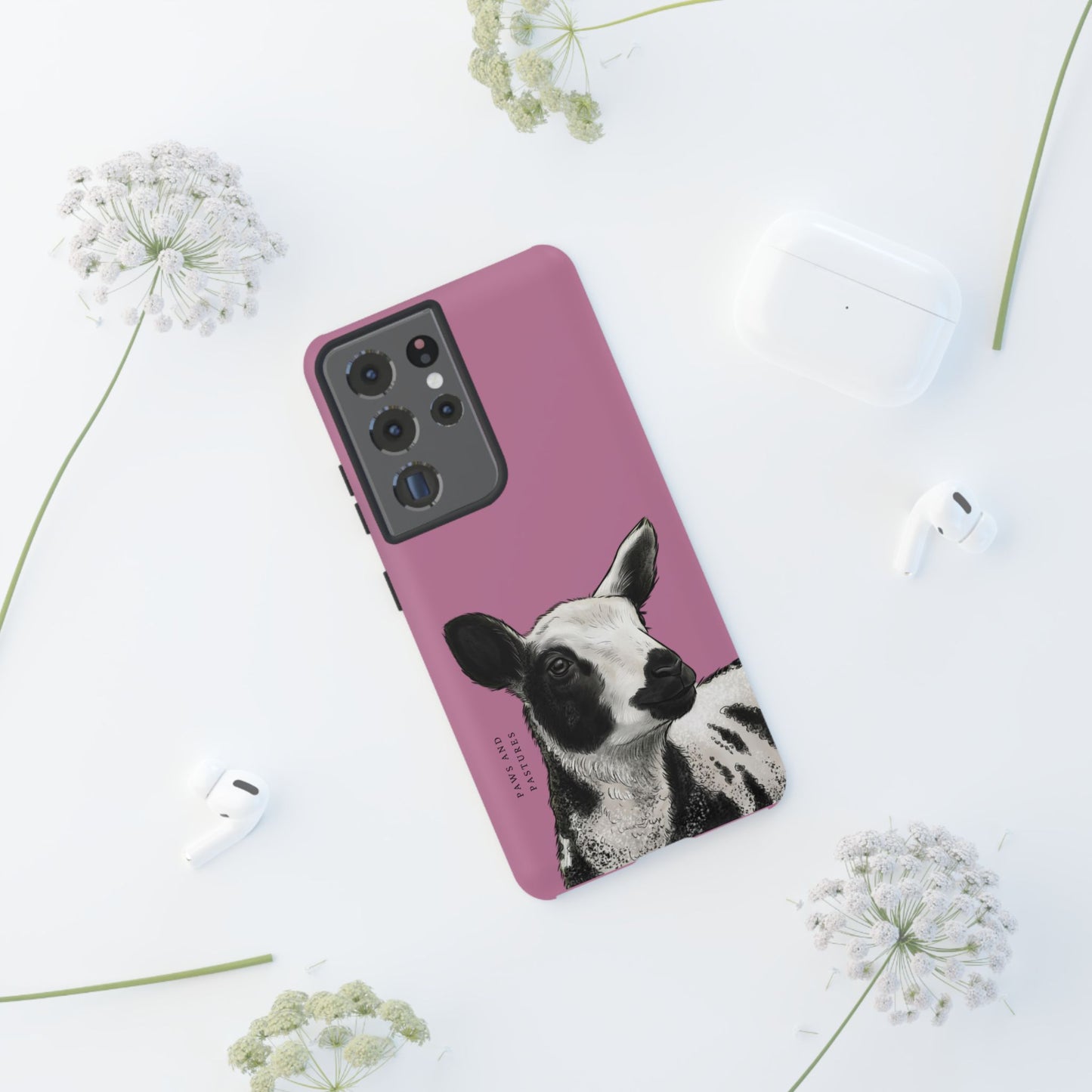 Pink Dutch Spotted Sheep Portrait Phone Case - Black & White Lamb Illustration Protective Cover