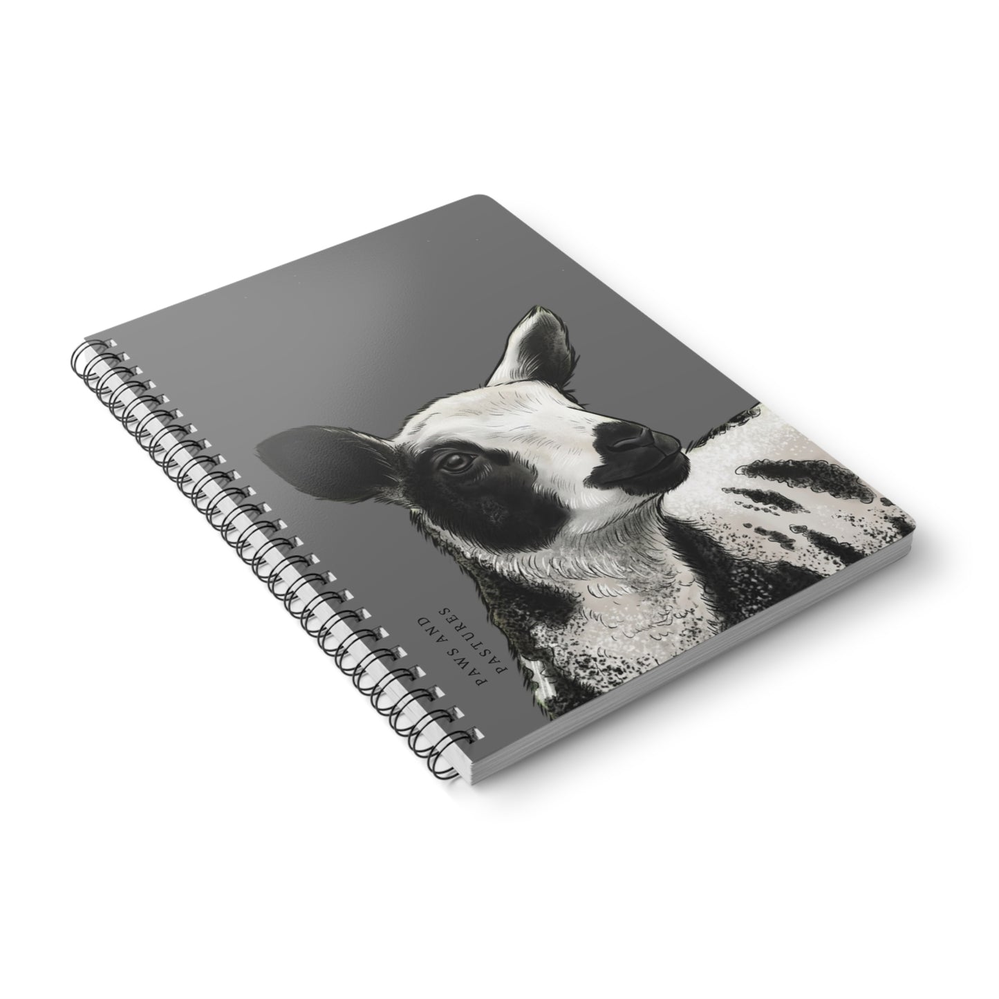 Grey Dutch Spotted Sheep A5 Spiral Notebook — Black & White Lamb Illustration (“Paws and Pastures”)