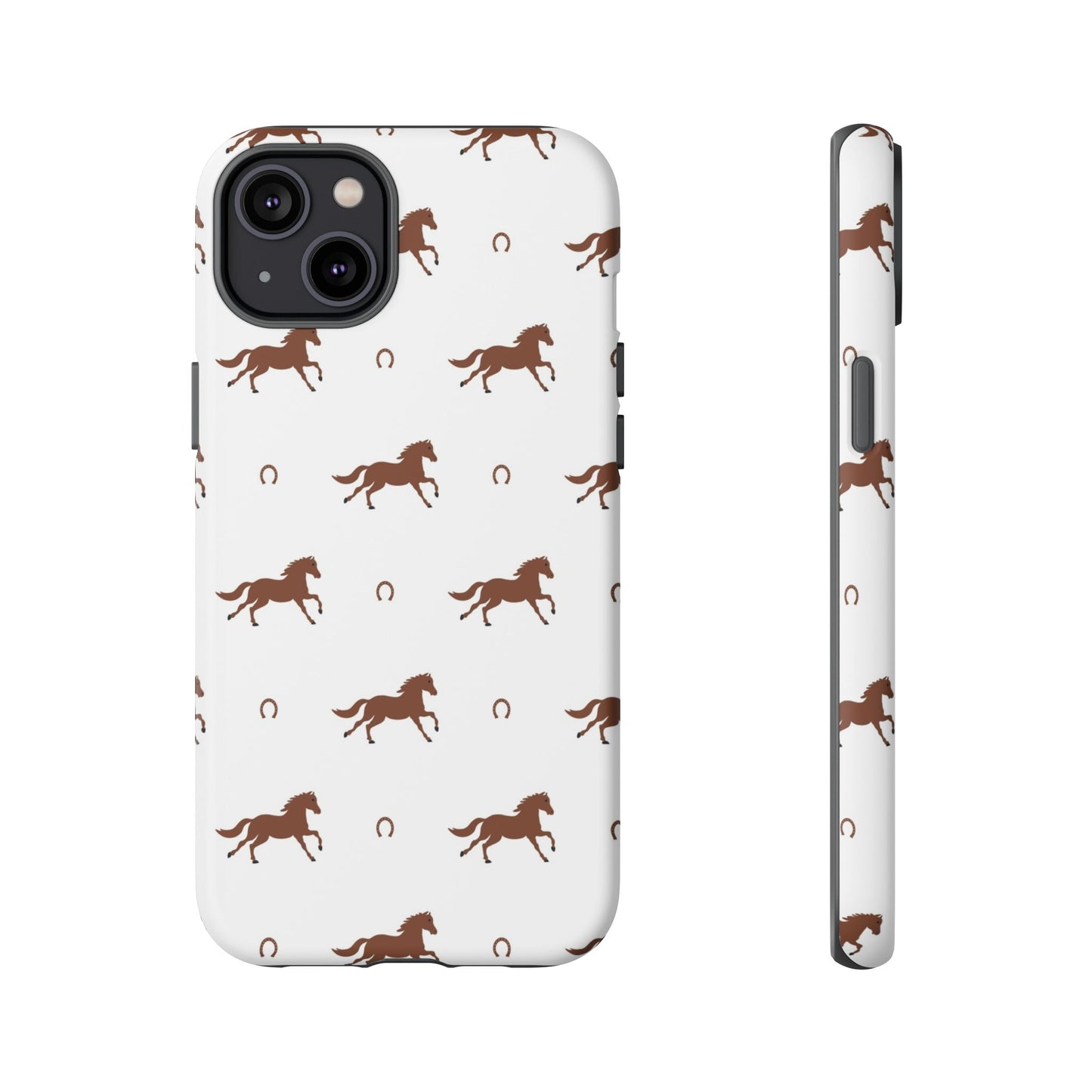 Horse Pattern Tough Phone Case — Brown Galloping Horses & Horseshoes on White