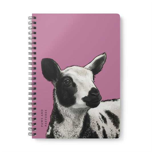 Pink Dutch Spotted Sheep A5 Spiral Notebook — Black & White Lamb Illustration (“Paws and Pastures”)