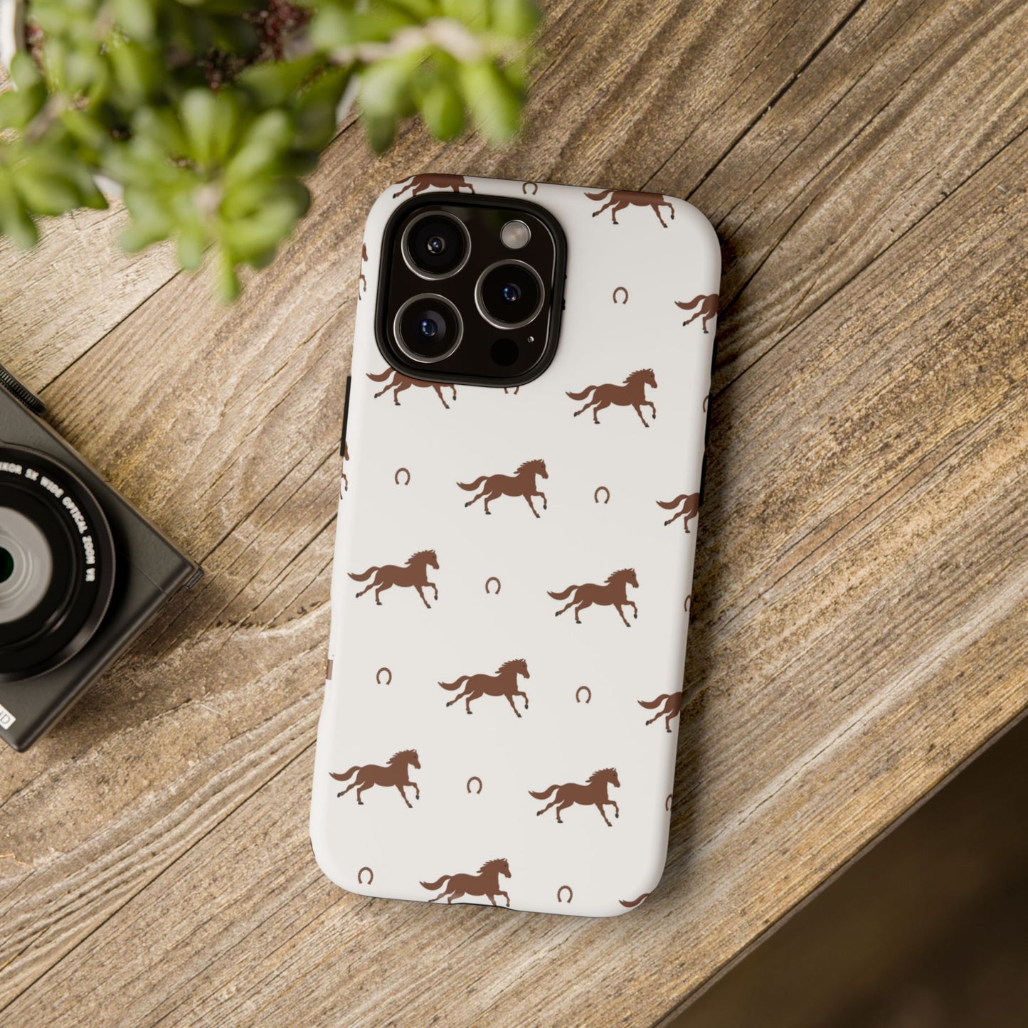 Horse Pattern Tough Phone Case — Brown Galloping Horses & Horseshoes on White