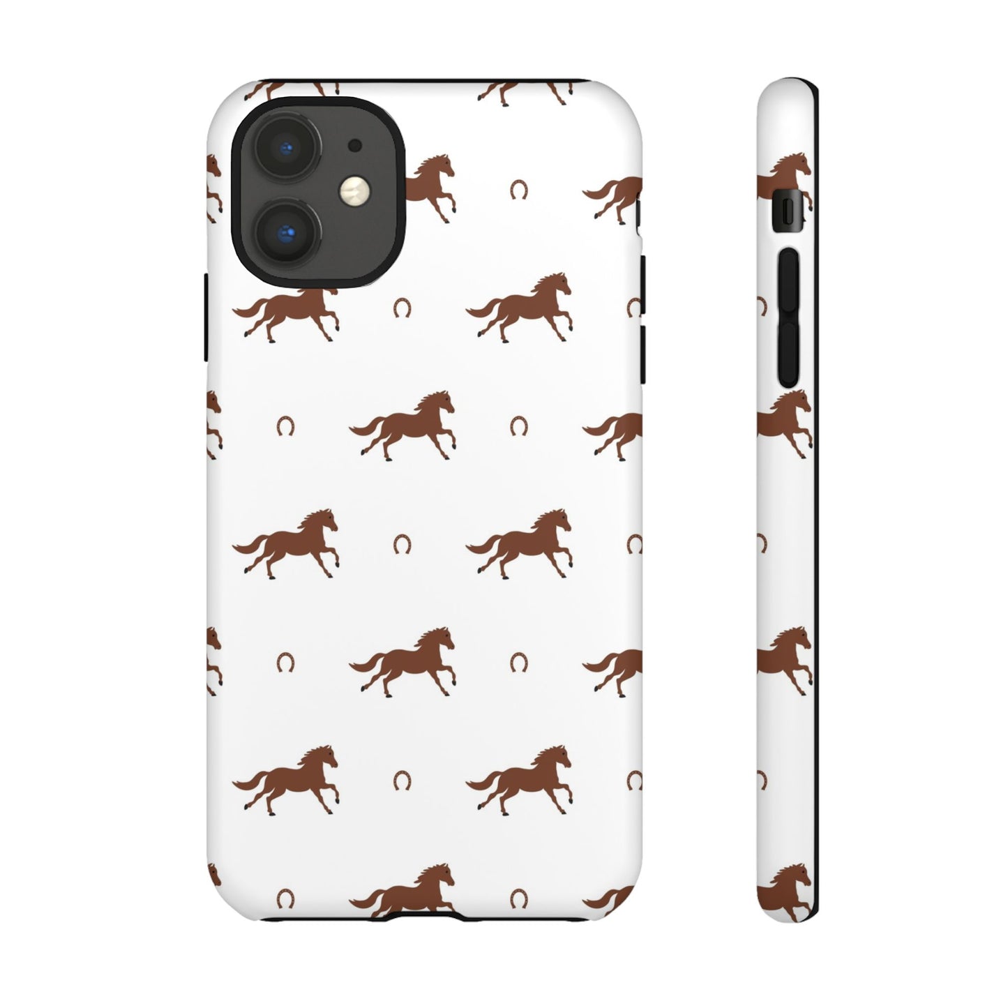 Horse Pattern Tough Phone Case — Brown Galloping Horses & Horseshoes on White