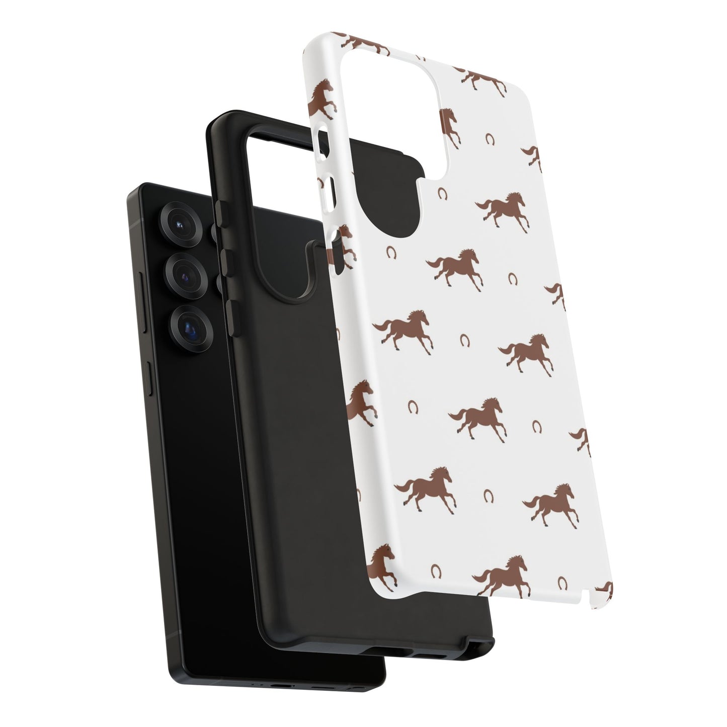 Horse Pattern Tough Phone Case — Brown Galloping Horses & Horseshoes on White