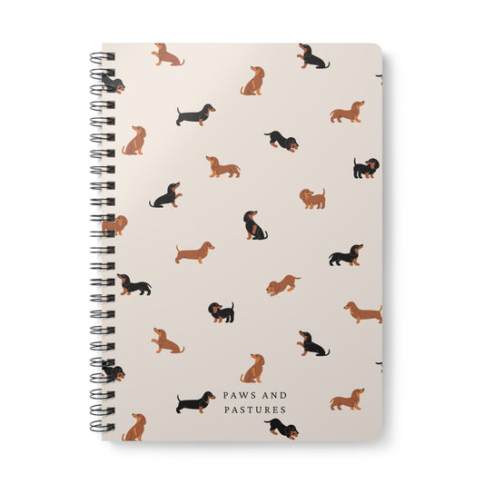 Dachshund Pattern A5 Wirobound Notebook — 'Paws and Pastures' Lined Journal