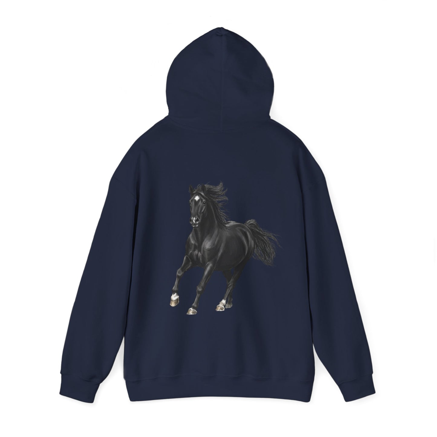 Horse Graphic Hoodie — Black Stallion Back Print, Minimal Front Text