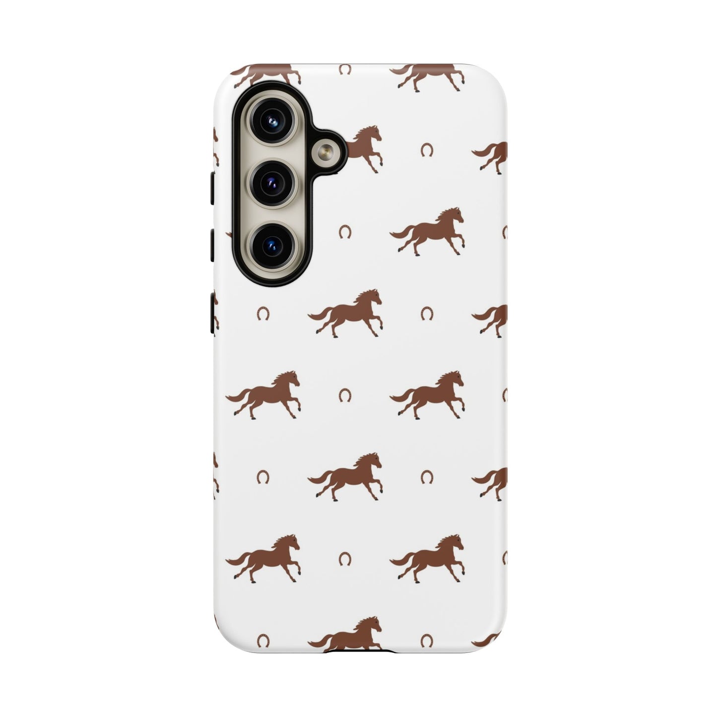 Horse Pattern Tough Phone Case — Brown Galloping Horses & Horseshoes on White