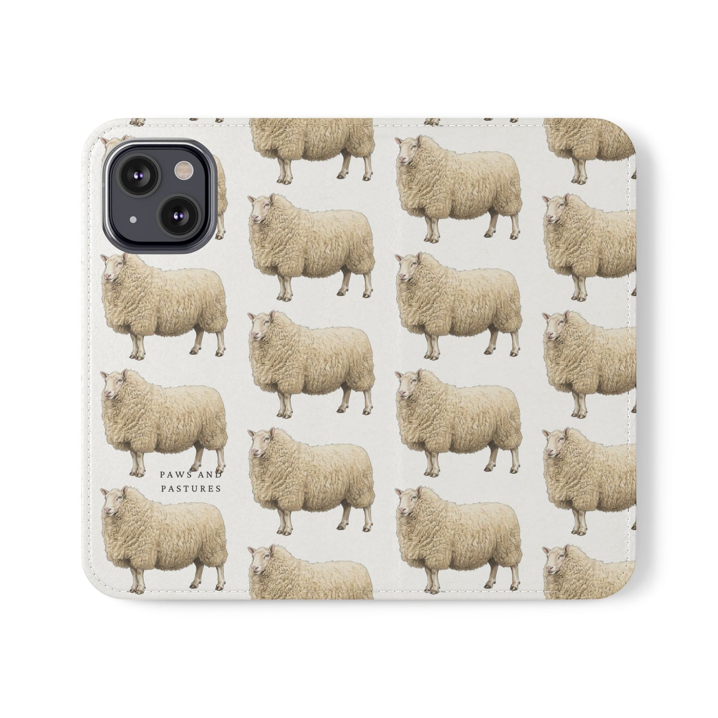 Cheviot Sheep Pattern Flip Phone Case – Cute Pastoral Wallet Cover with Card Slots