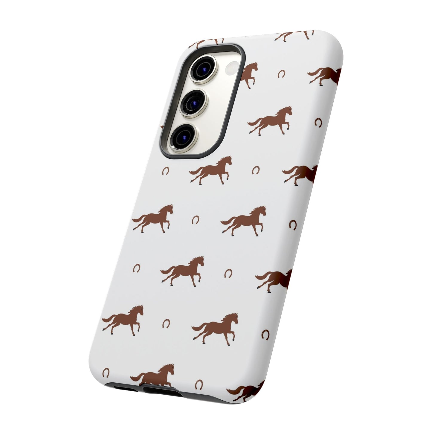 Horse Pattern Tough Phone Case — Brown Galloping Horses & Horseshoes on White
