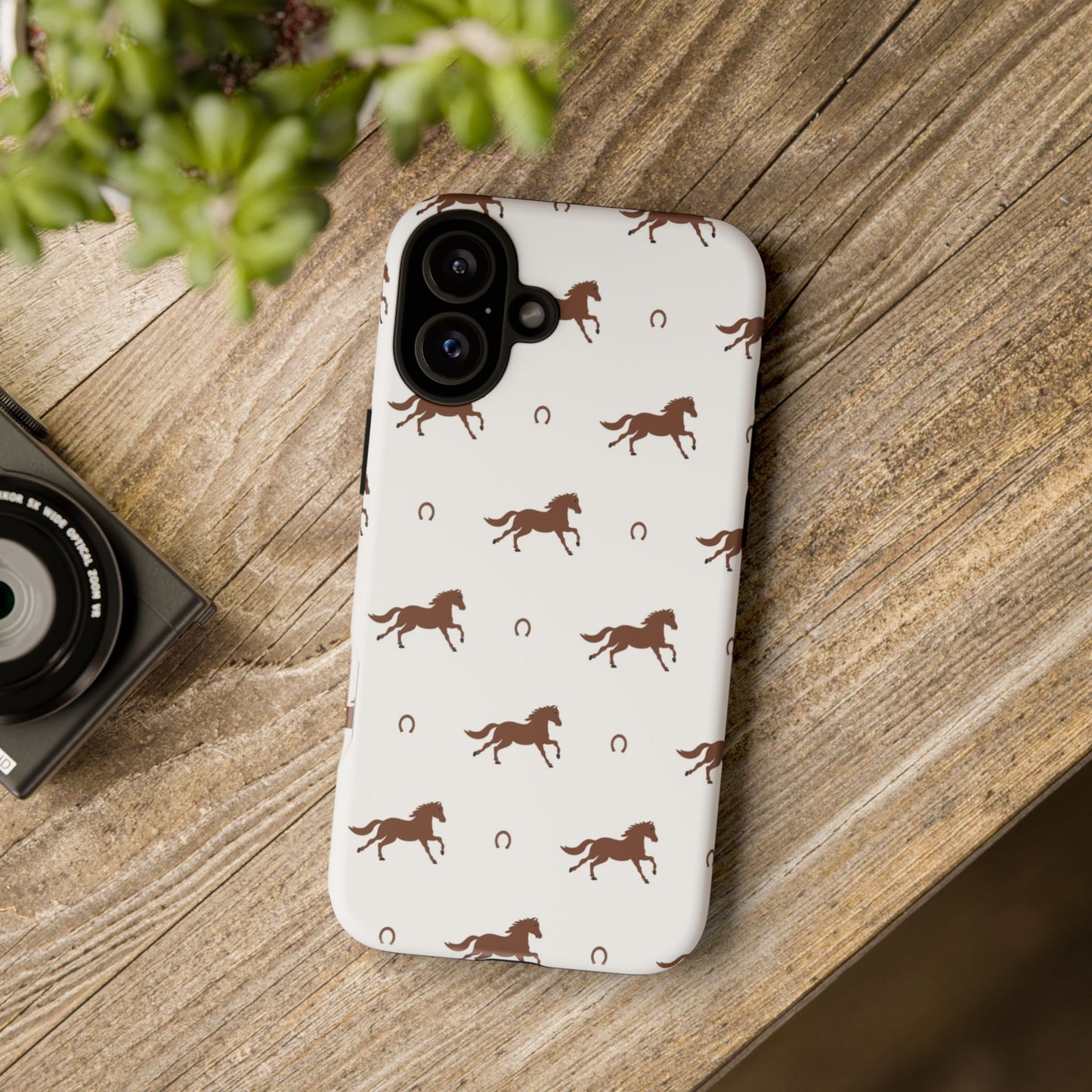 Horse Pattern Tough Phone Case — Brown Galloping Horses & Horseshoes on White
