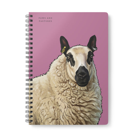 Pink Kerry Hill Sheep Portrait A5 Wirobound Notebook — "Paws and Pastures" Lined Journal