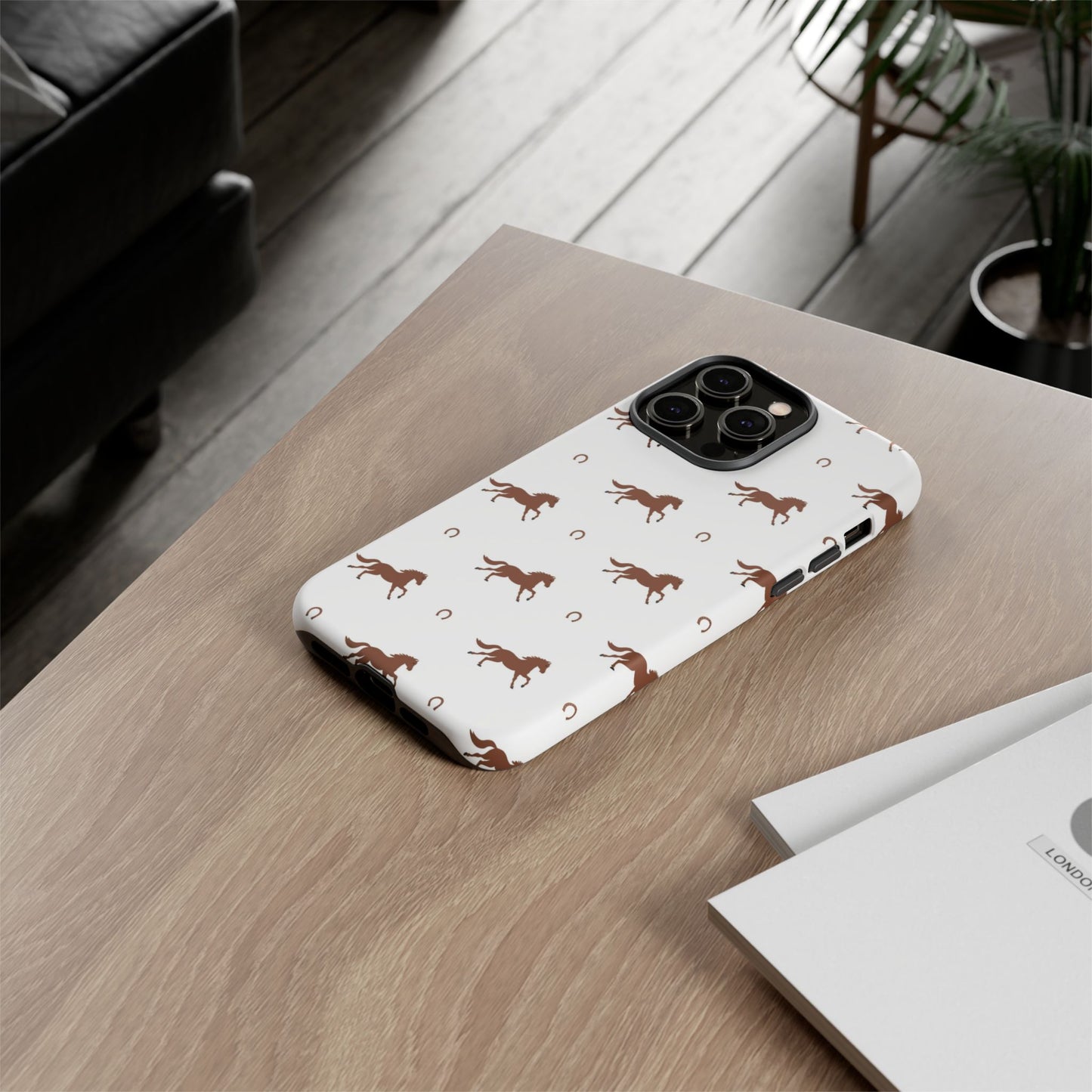Horse Pattern Tough Phone Case — Brown Galloping Horses & Horseshoes on White