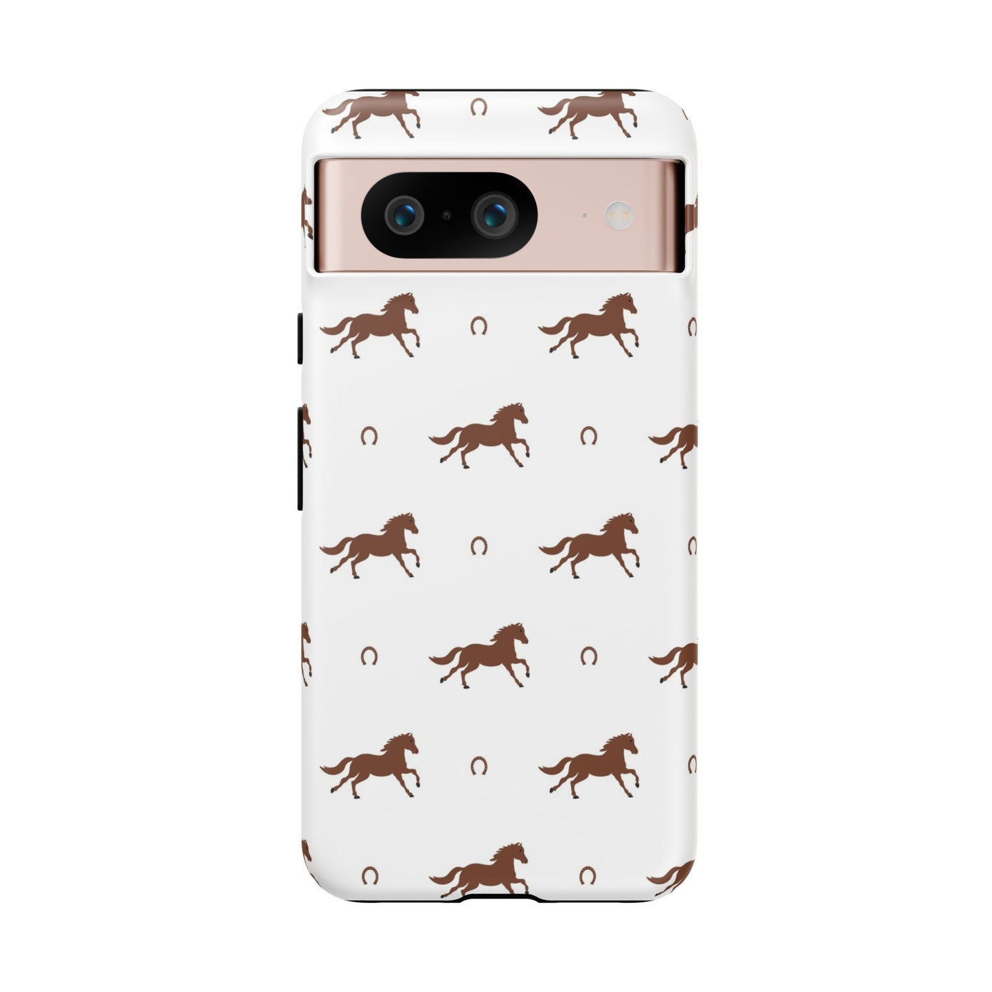 Horse Pattern Tough Phone Case — Brown Galloping Horses & Horseshoes on White