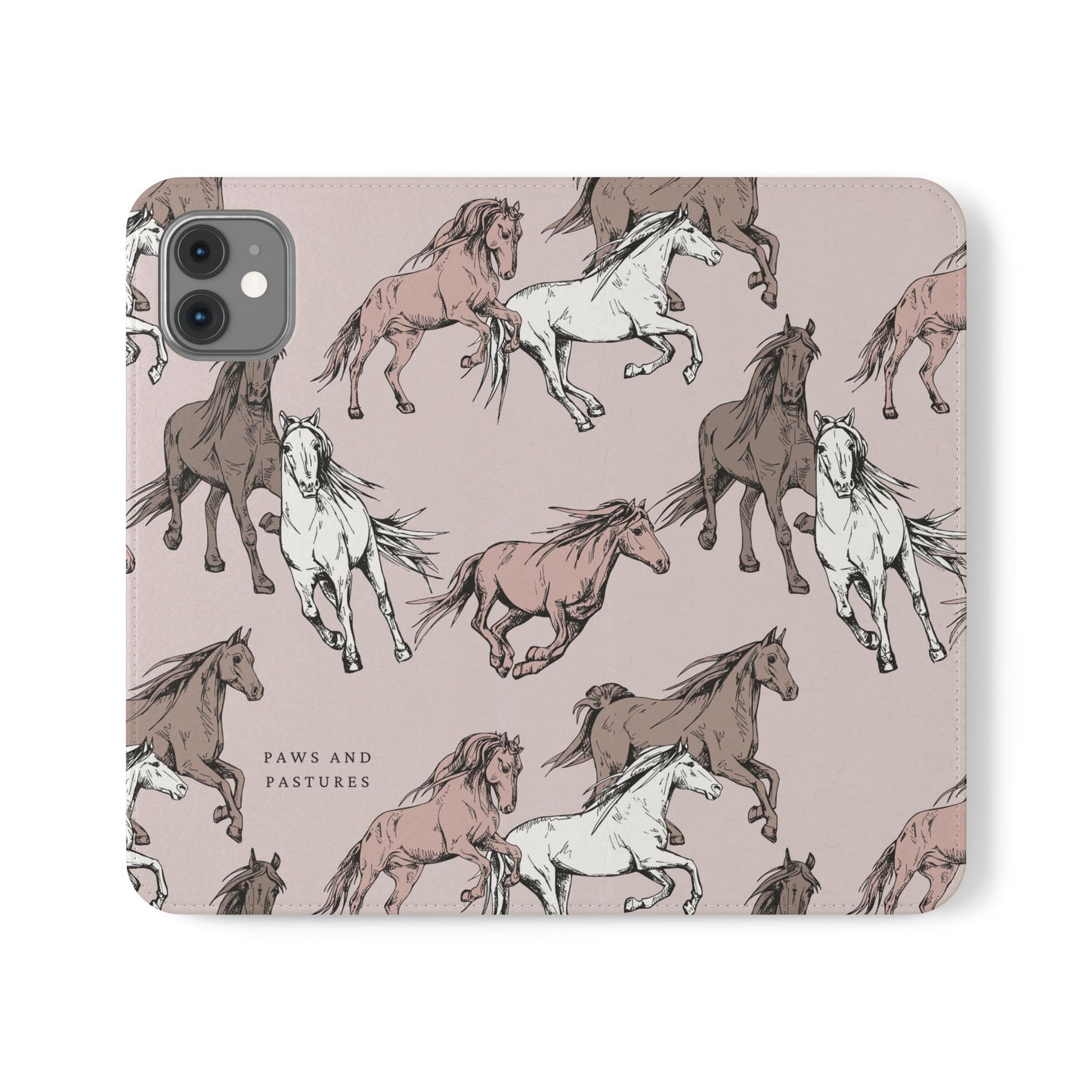 Horse Pattern Flip Phone Case — Pink Running Horses Wallet Cover