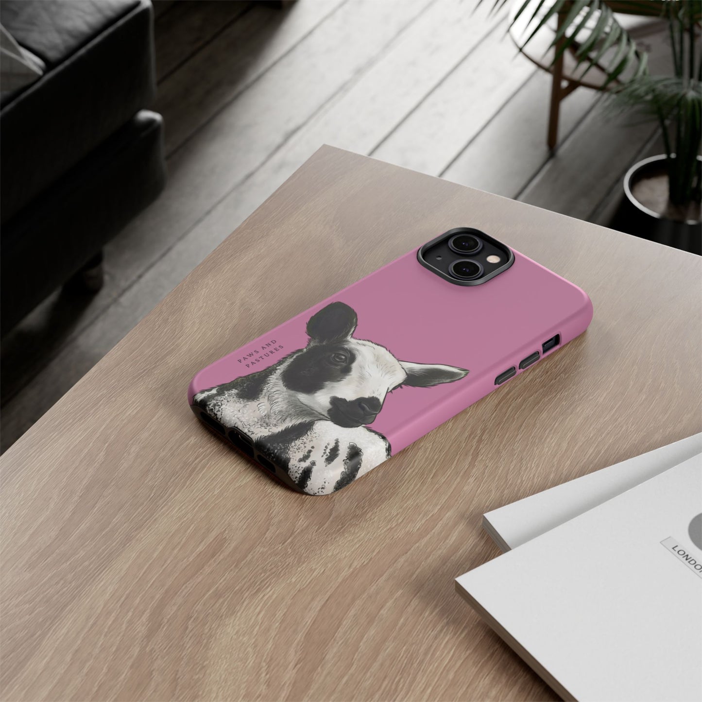 Pink Dutch Spotted Sheep Portrait Phone Case - Black & White Lamb Illustration Protective Cover
