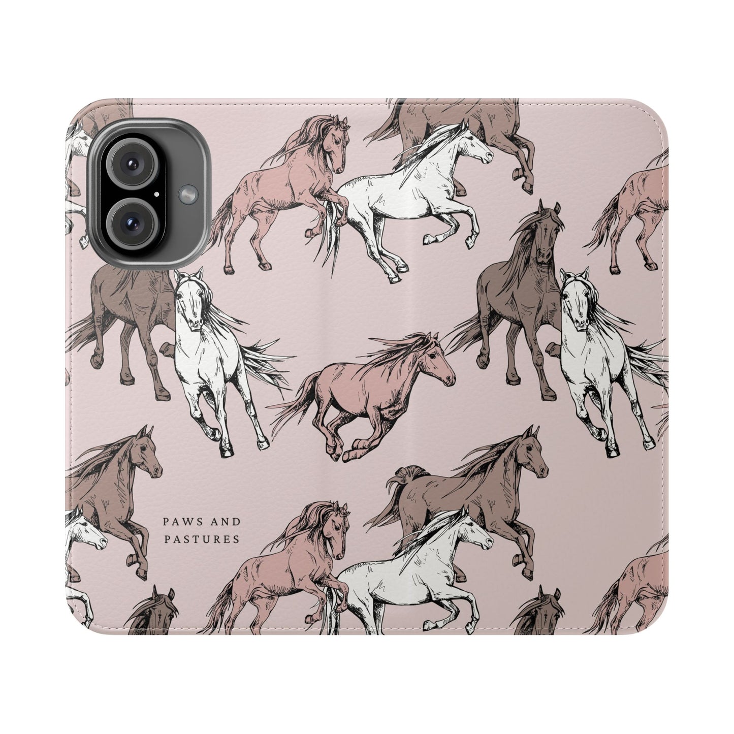 Horse Pattern Flip Phone Case — Pink Running Horses Wallet Cover