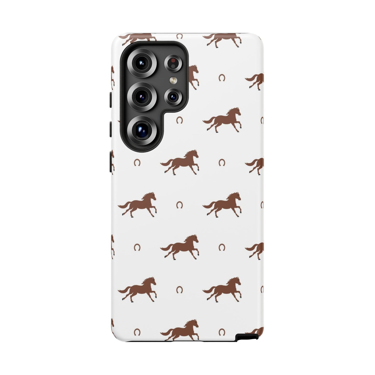 Horse Pattern Tough Phone Case — Brown Galloping Horses & Horseshoes on White