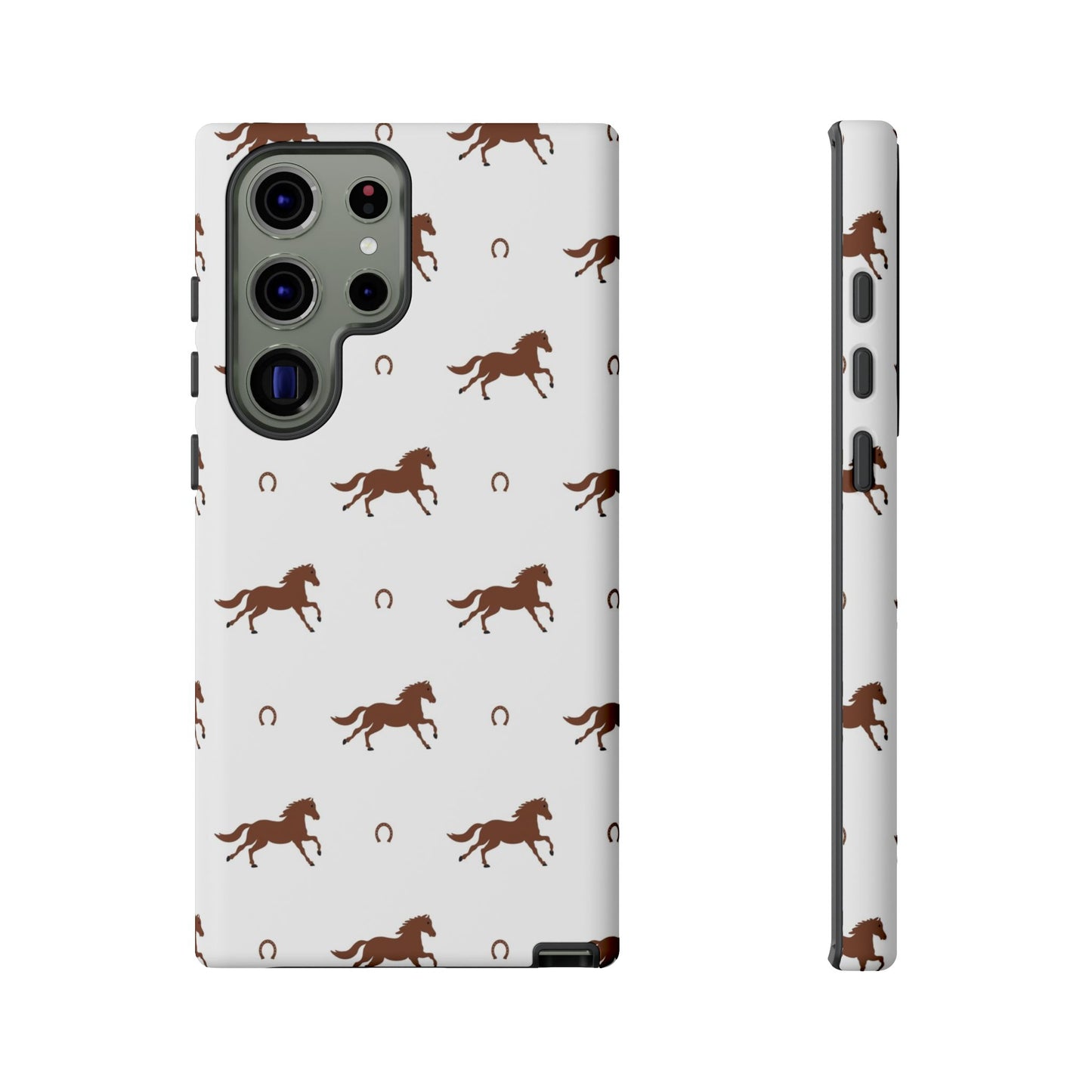 Horse Pattern Tough Phone Case — Brown Galloping Horses & Horseshoes on White