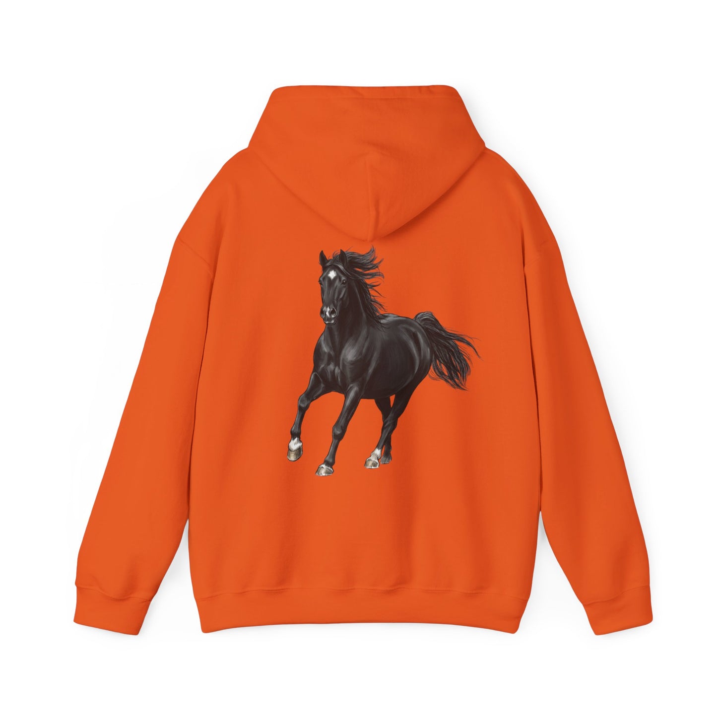 Horse Graphic Hoodie — Black Stallion Back Print, Minimal Front Text