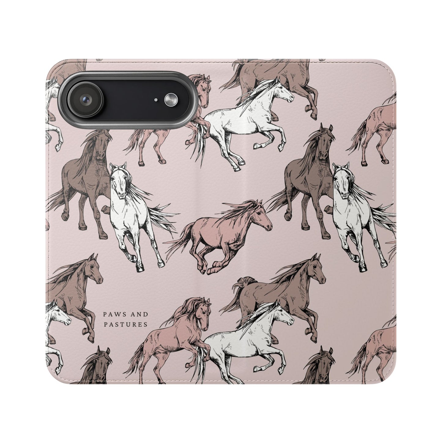 Horse Pattern Flip Phone Case — Pink Running Horses Wallet Cover