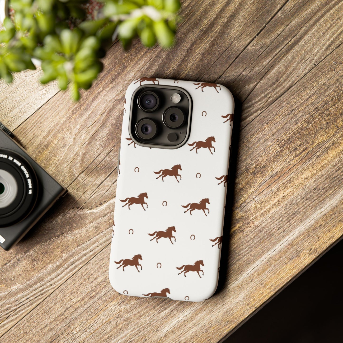 Horse Pattern Tough Phone Case — Brown Galloping Horses & Horseshoes on White