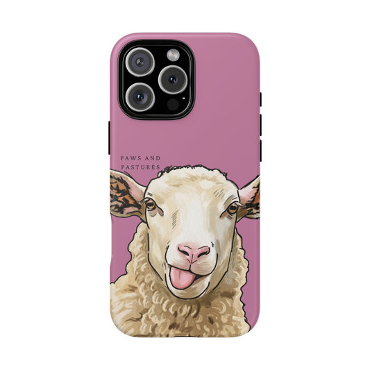 Pink Silly Sheep Phone Case — Cute Tongue-Out Lamb on Pink Protective Tough Case