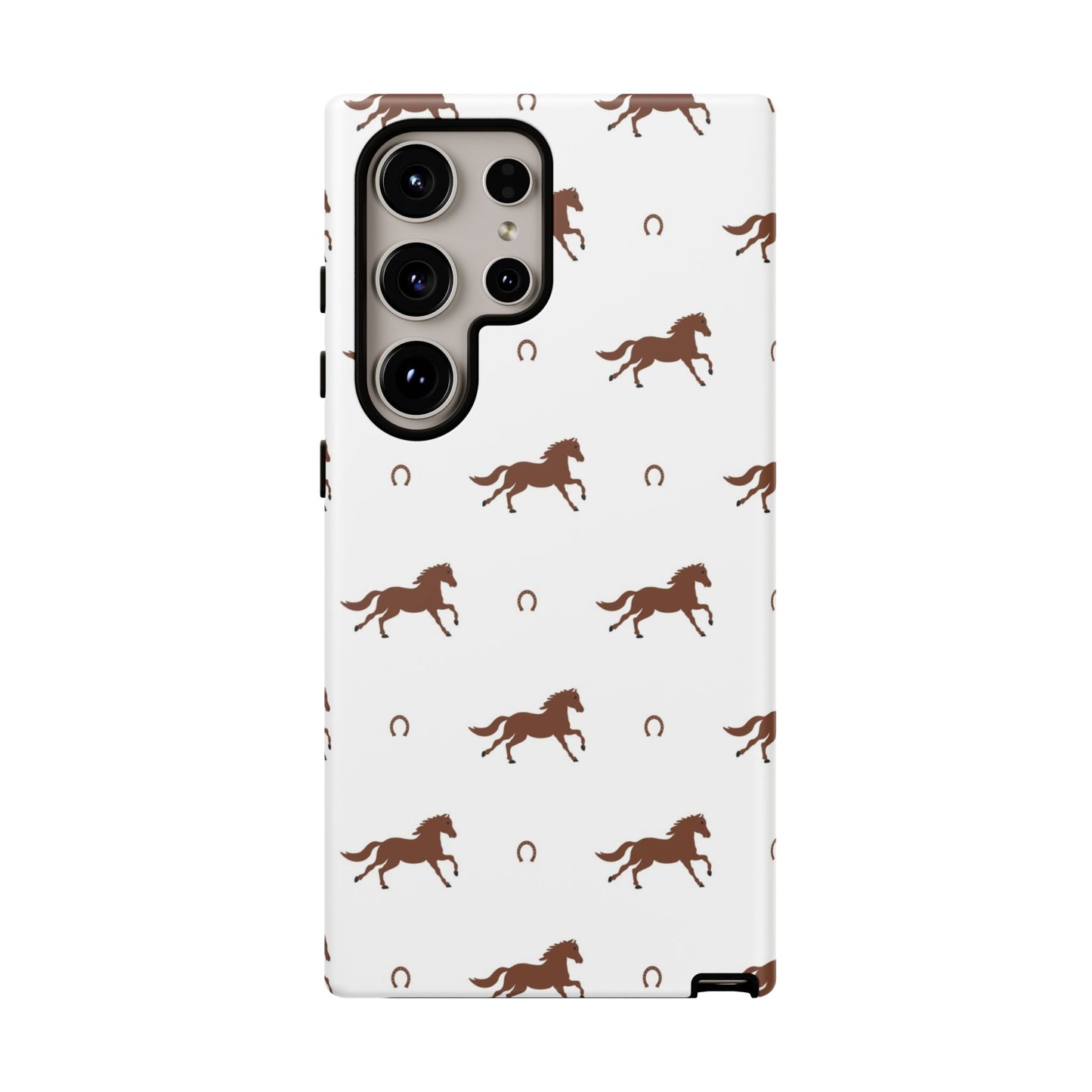 Horse Pattern Tough Phone Case — Brown Galloping Horses & Horseshoes on White