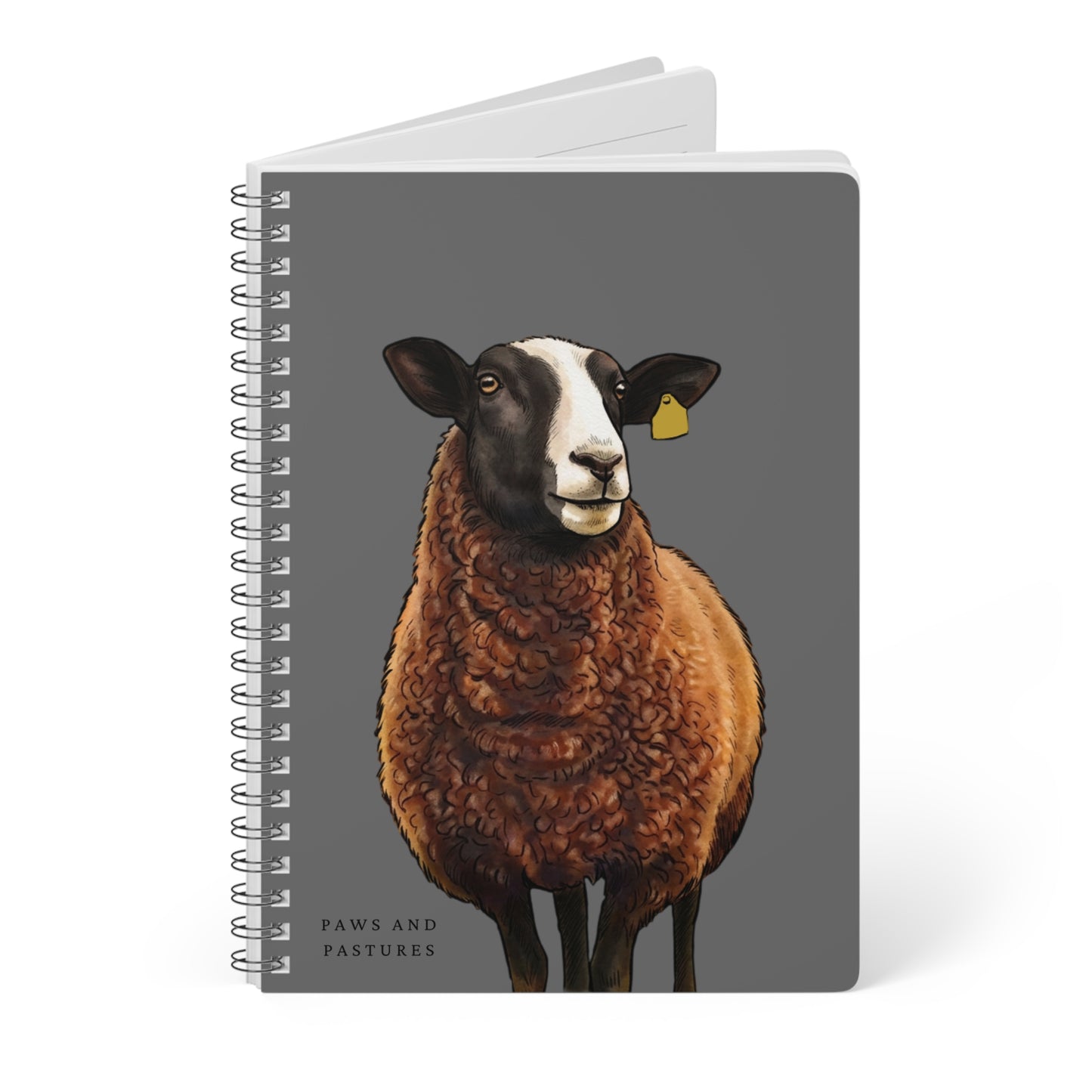 Grey Zwartble Sheep Illustration A5 Spiral Notebook – 'Paws and Pastures' Lined Journal