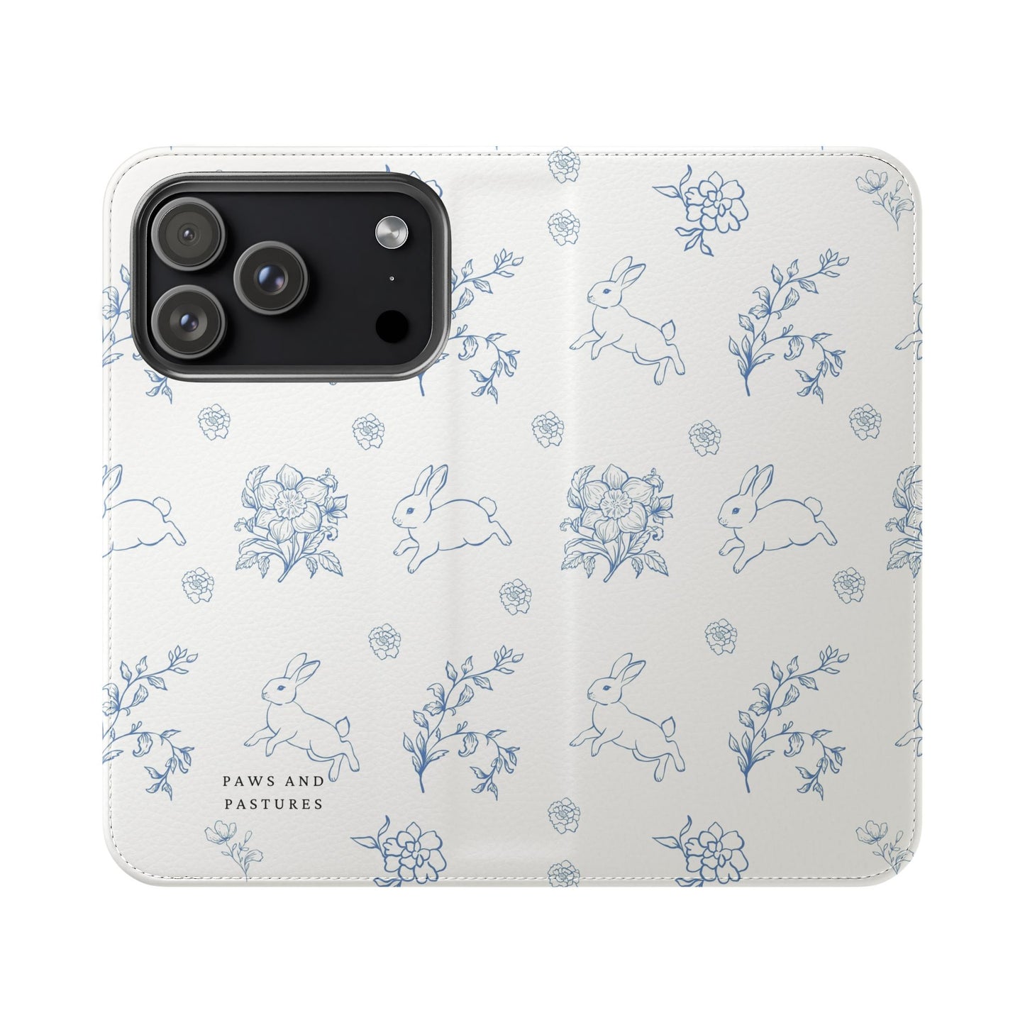 Bunny Pattern Flip Phone Case – Floral Blue Rabbit Wallet Cover