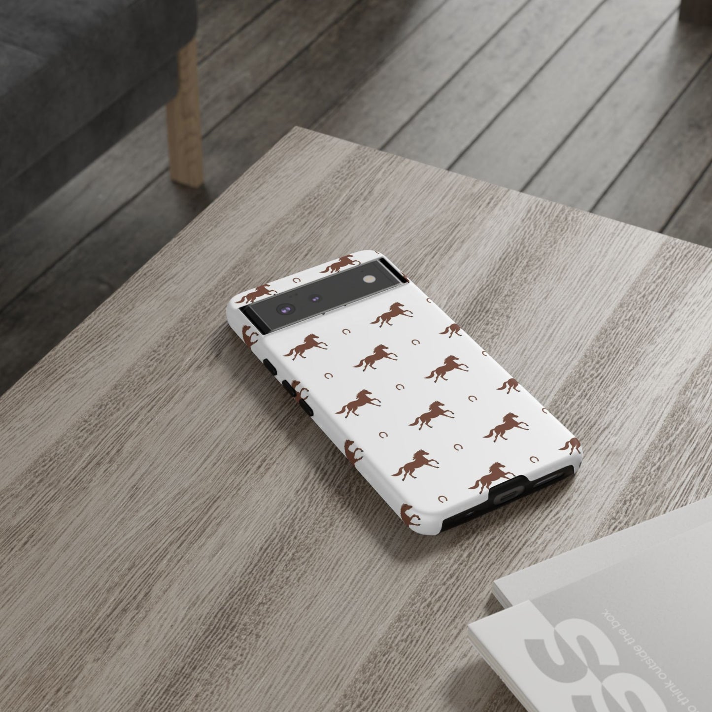 Horse Pattern Tough Phone Case — Brown Galloping Horses & Horseshoes on White