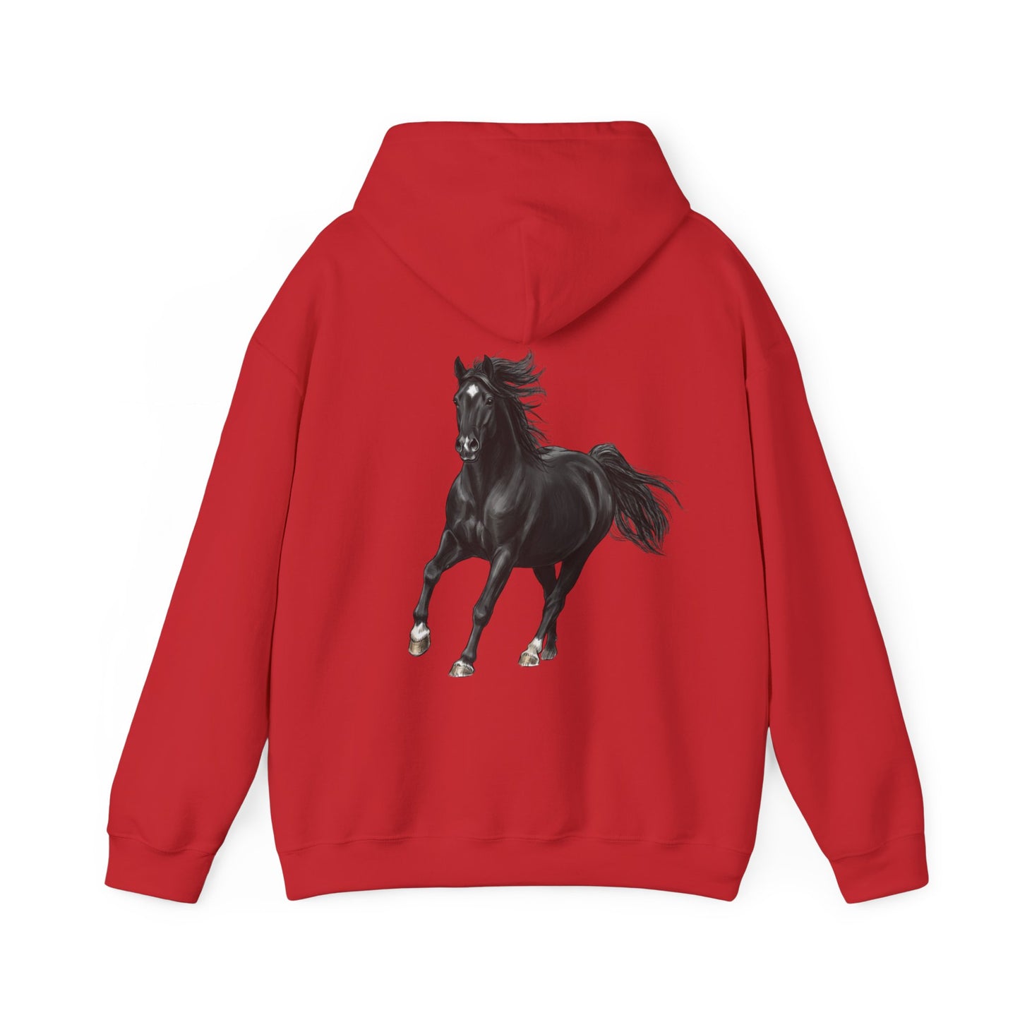 Horse Graphic Hoodie — Black Stallion Back Print, Minimal Front Text