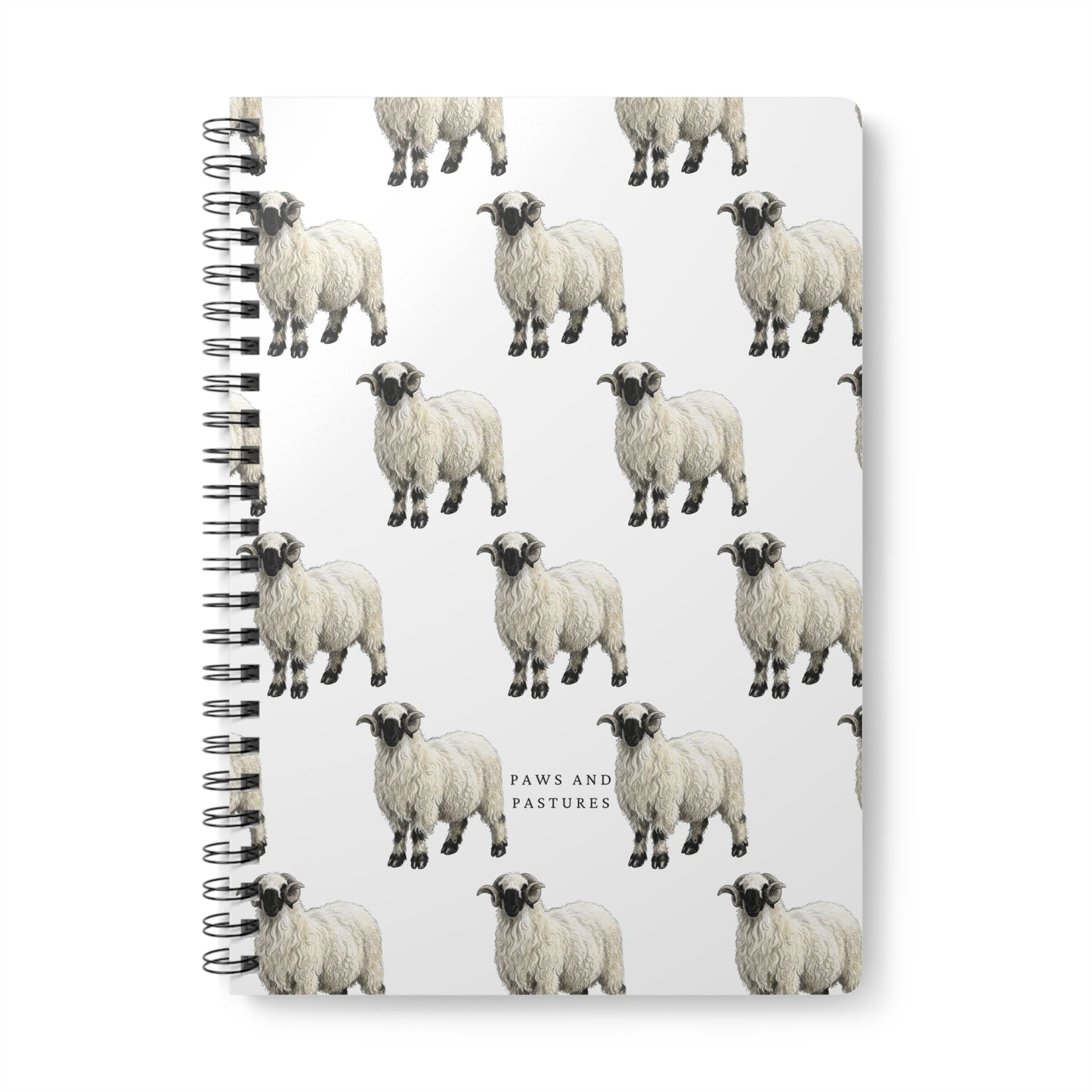 Valais Blacknose Sheep Pattern A5 Spiral Notebook — Cute Sheep Lined Journal "Paws and Pastures"