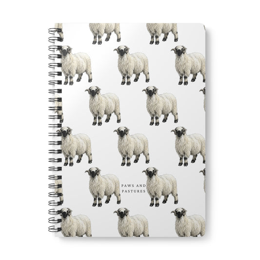 Valais Blacknose Sheep Pattern A5 Spiral Notebook — Cute Sheep Lined Journal "Paws and Pastures"